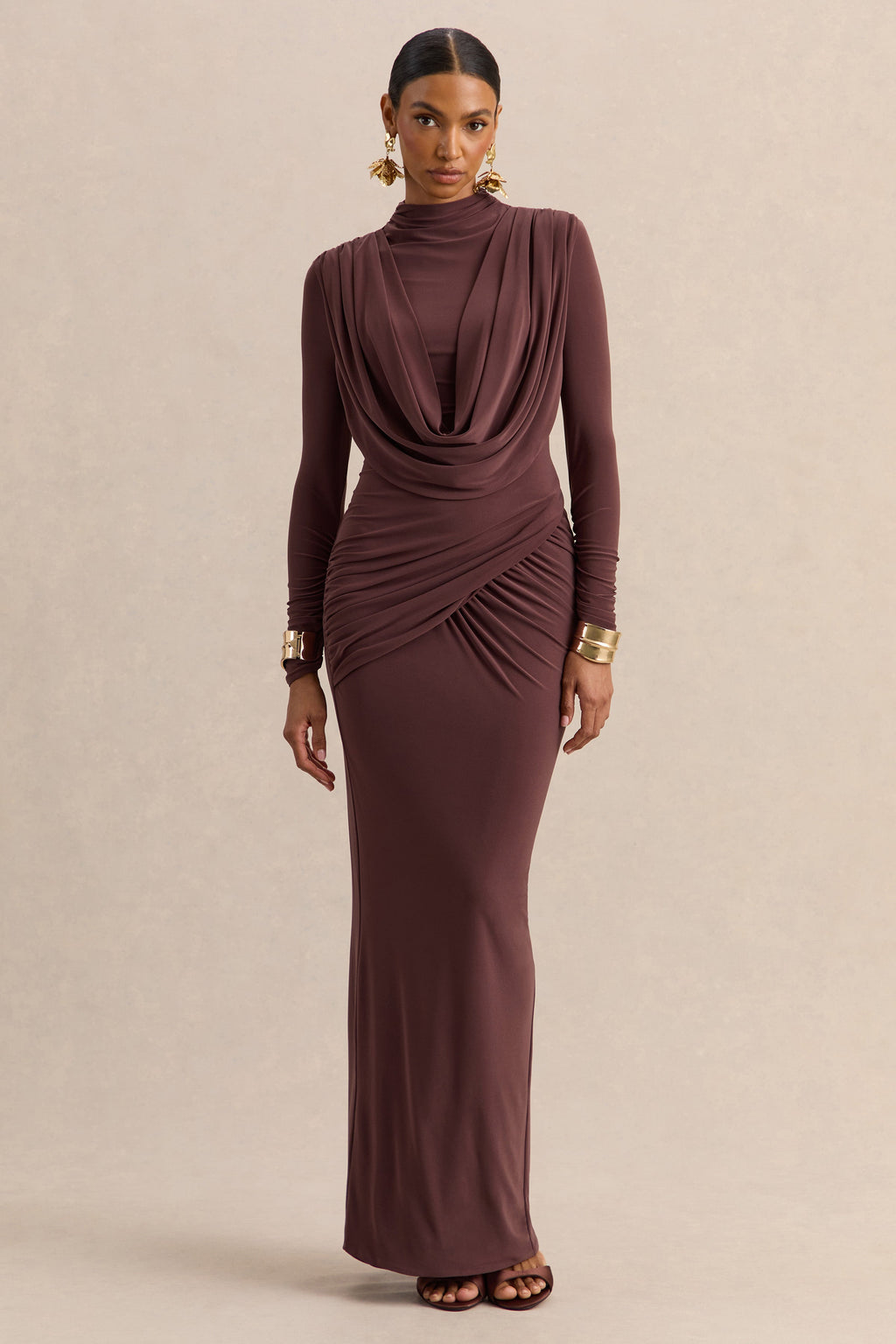Karinthia | Brown High-Neck Maxi Dress With Draped-Detailing