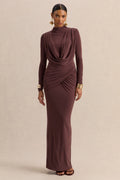 Karinthia | Brown High-Neck Maxi Dress With Draped-Detailing