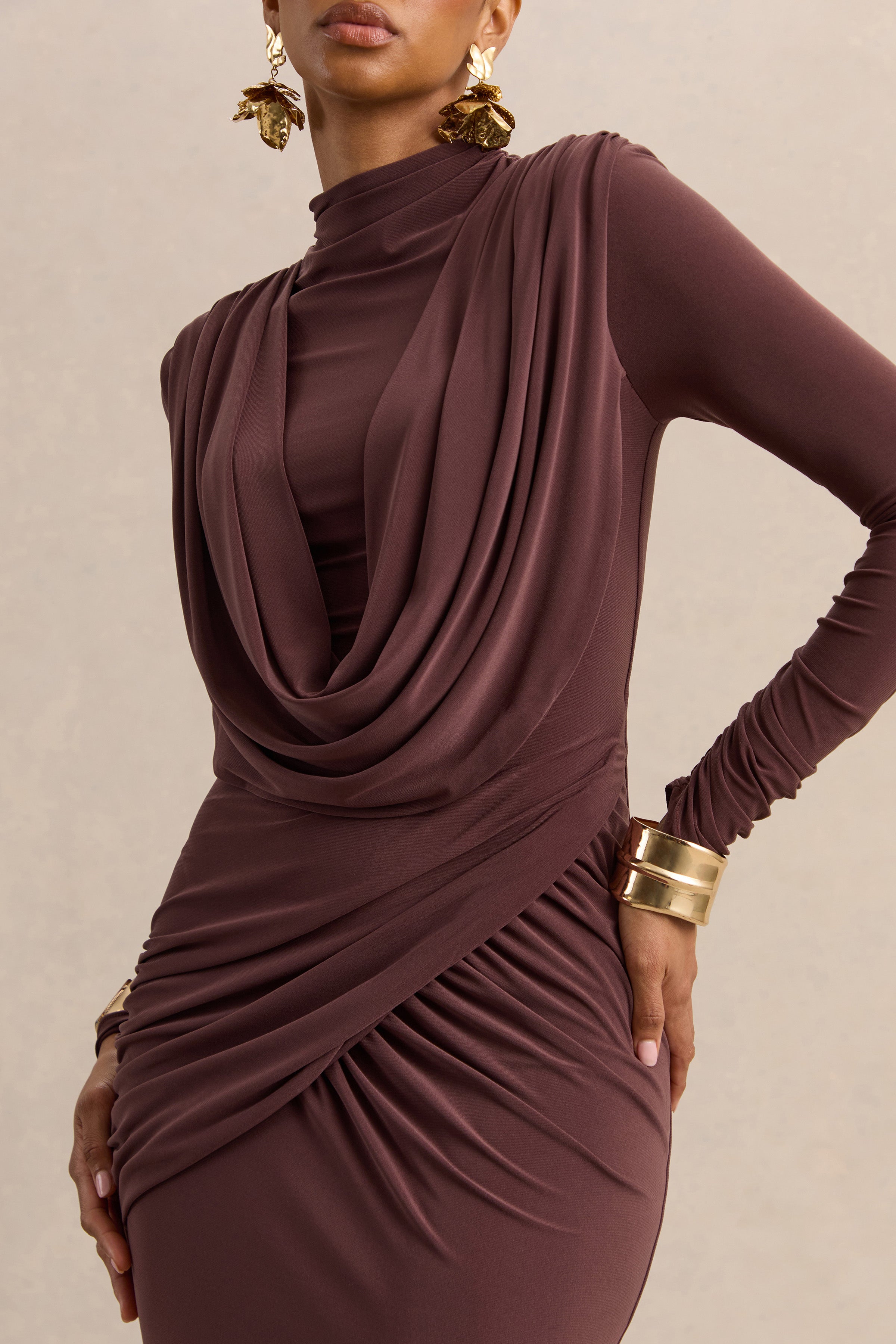 Karinthia | Brown High-Neck Maxi Dress With Draped-Detailing