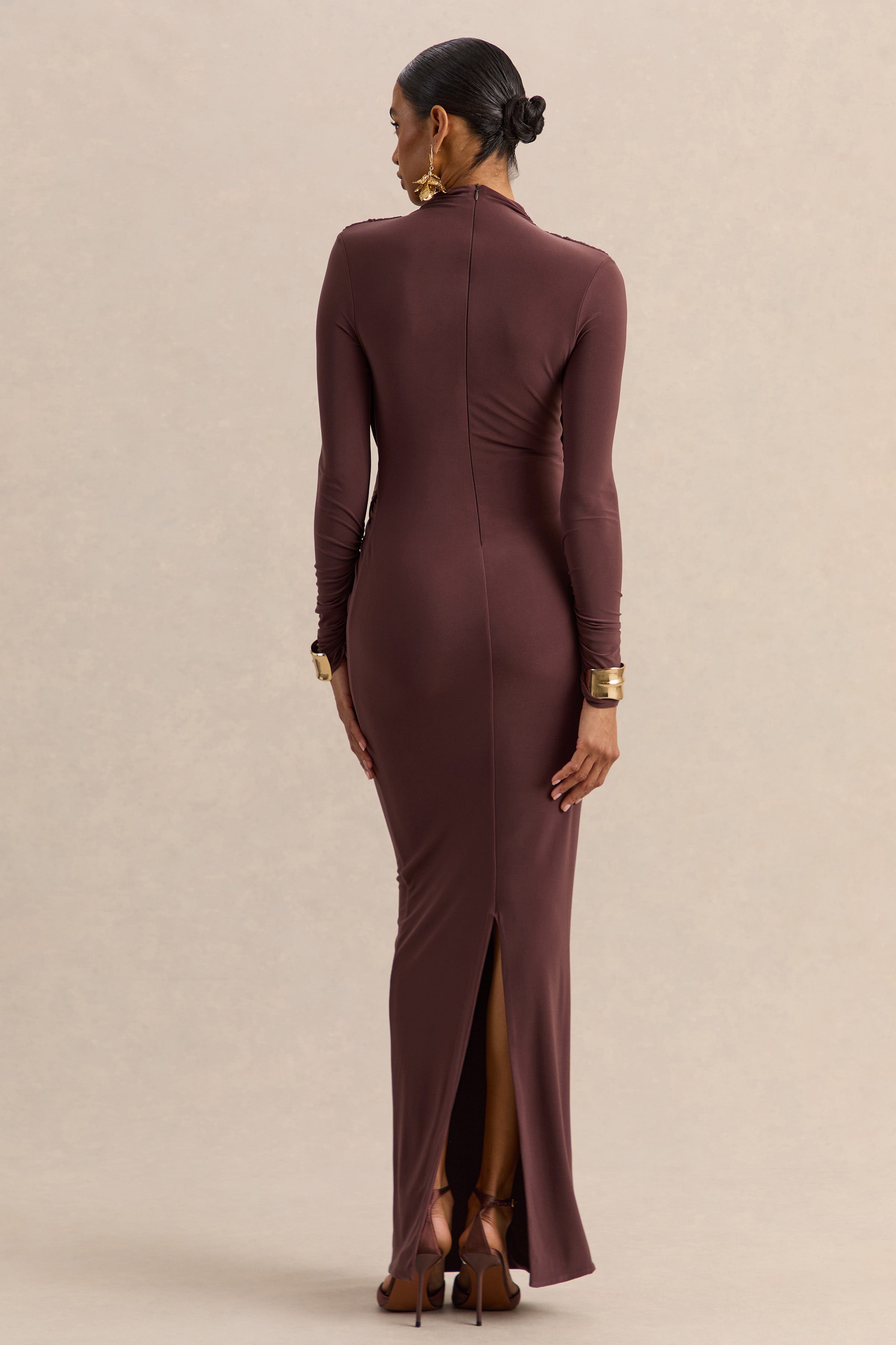 Karinthia | Brown High-Neck Maxi Dress With Draped-Detailing