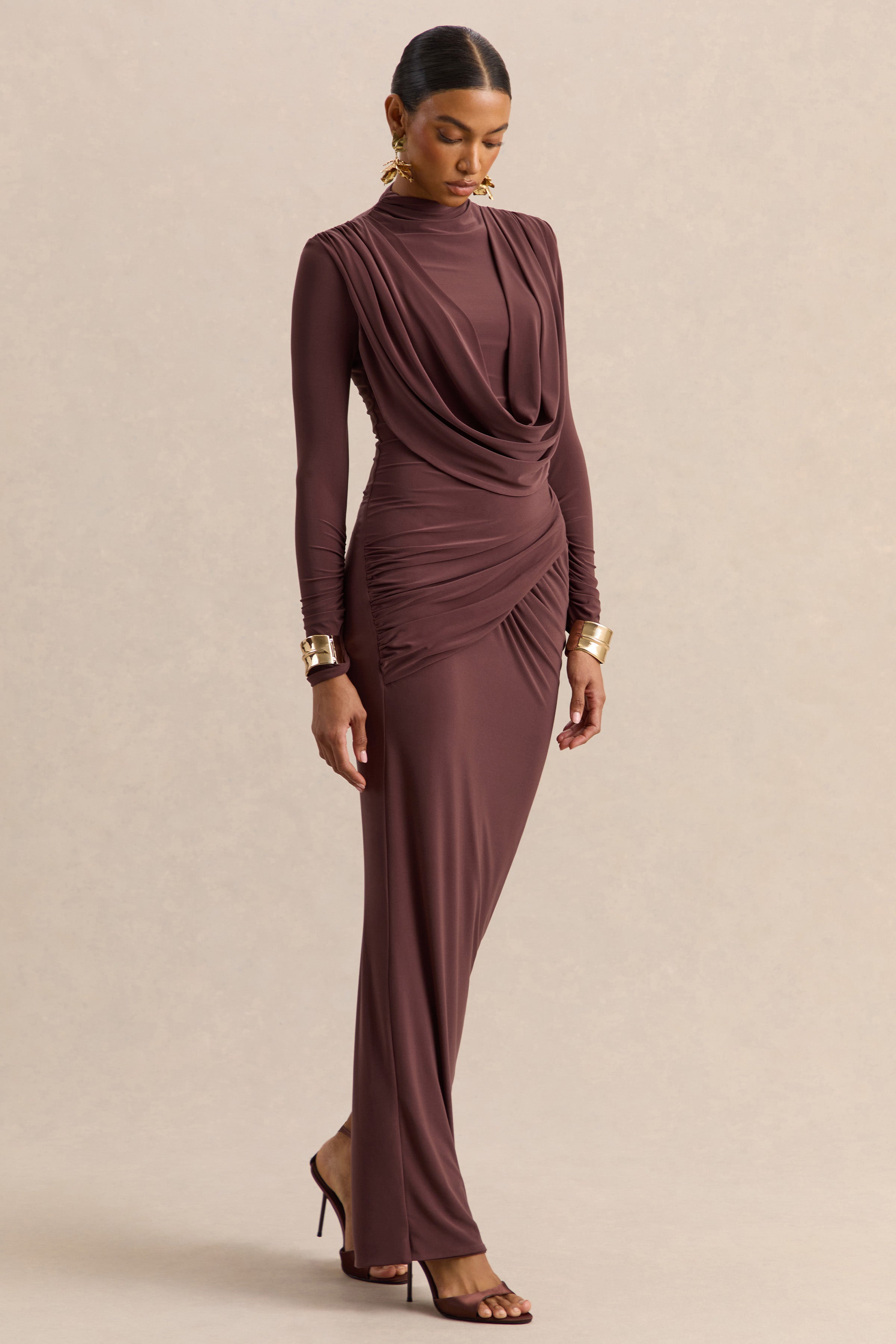 Karinthia | Brown High-Neck Maxi Dress With Draped-Detailing
