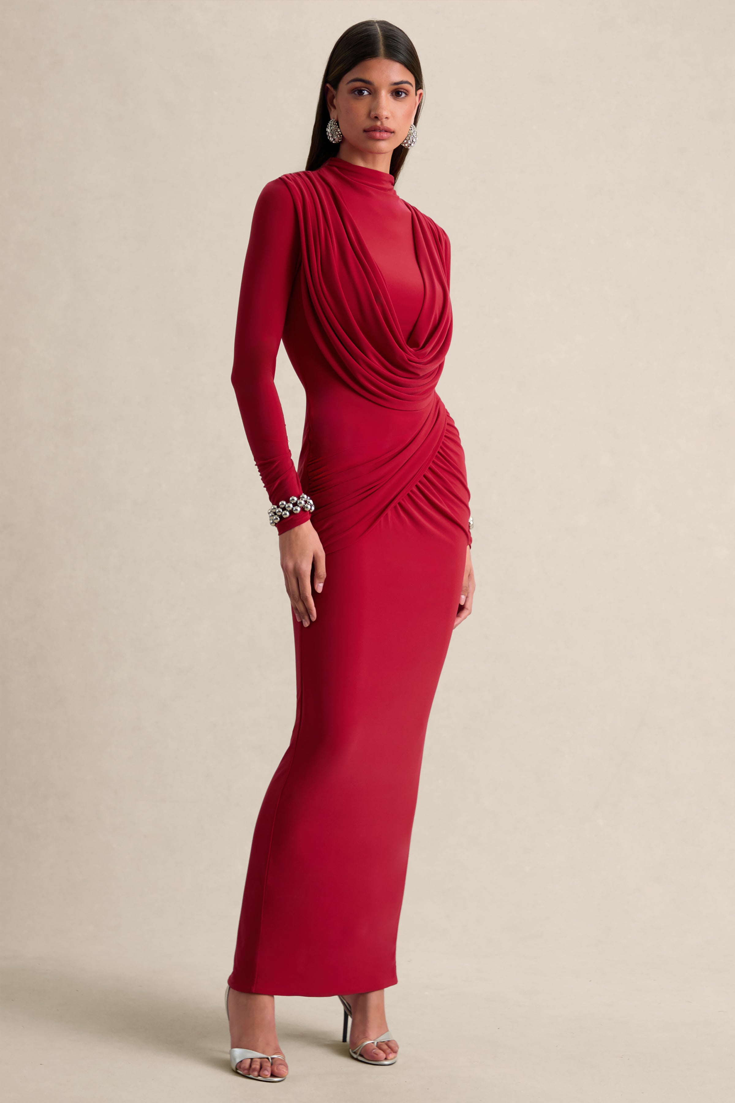 Karinthia | Red High-Neck Maxi Dress With Draped-Detailing
