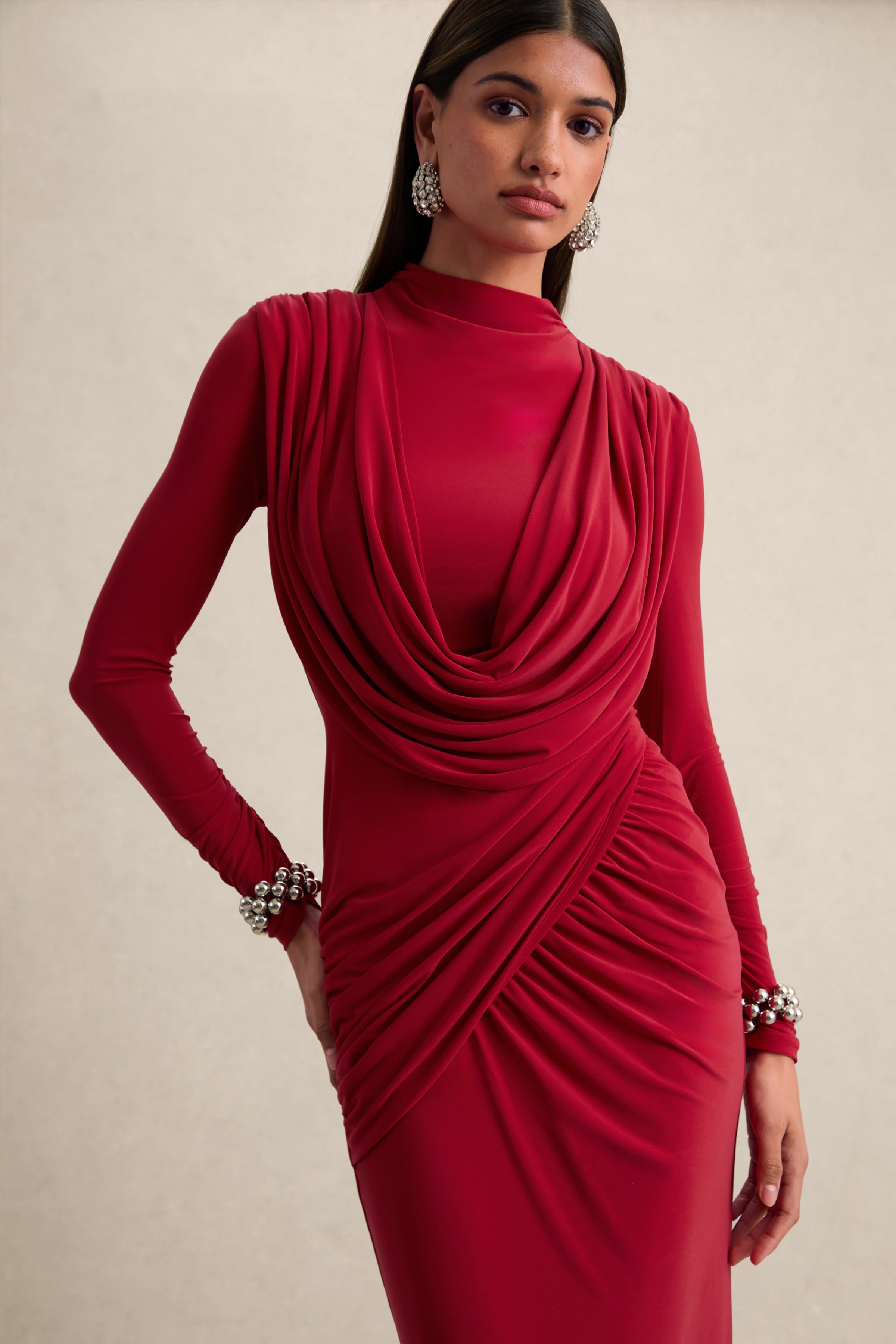 Karinthia | Red High-Neck Maxi Dress With Draped-Detailing
