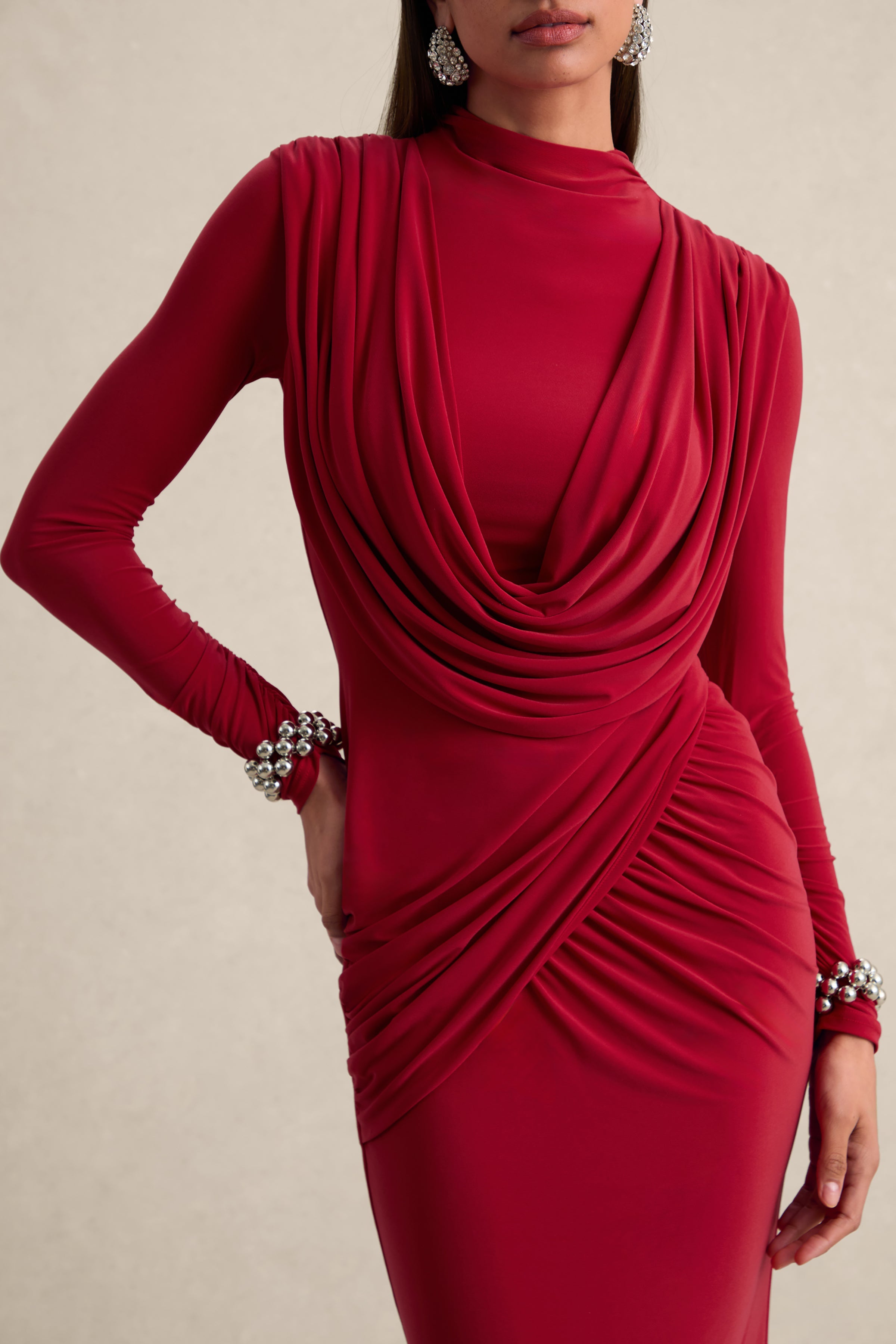 Karinthia | Red High-Neck Maxi Dress With Draped-Detailing
