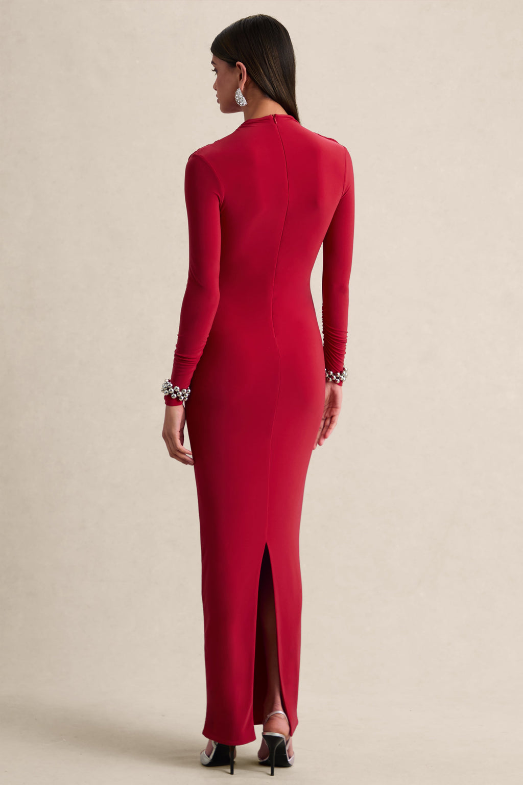 Karinthia | Red High-Neck Maxi Dress With Draped-Detailing