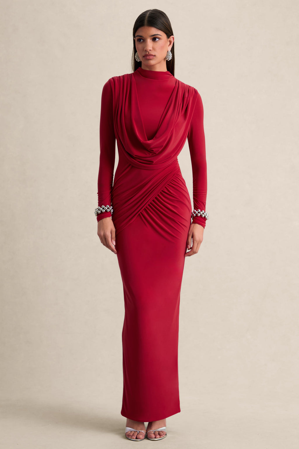 Karinthia | Red High-Neck Maxi Dress With Draped-Detailing