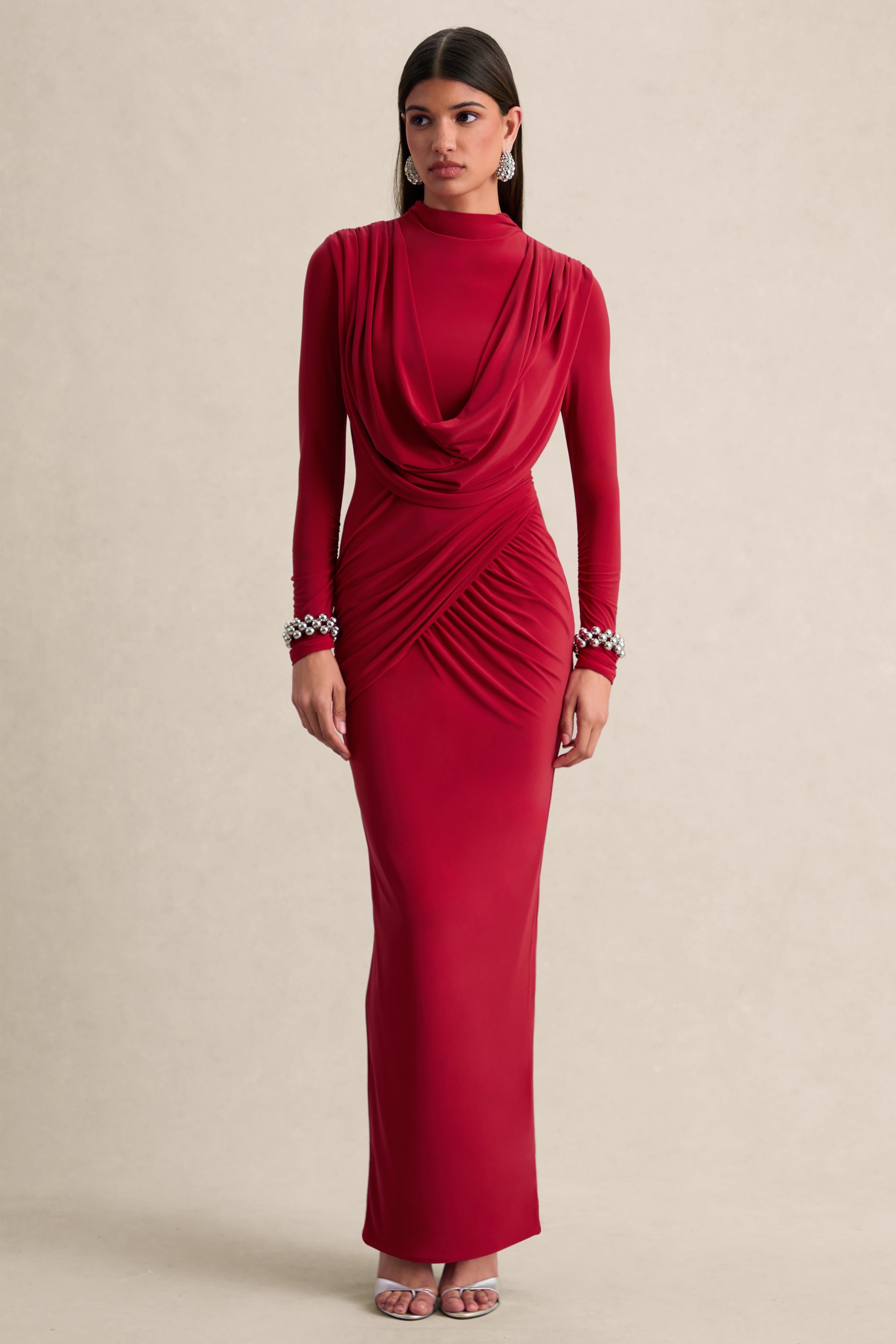 Karinthia | Red High-Neck Maxi Dress With Draped-Detailing