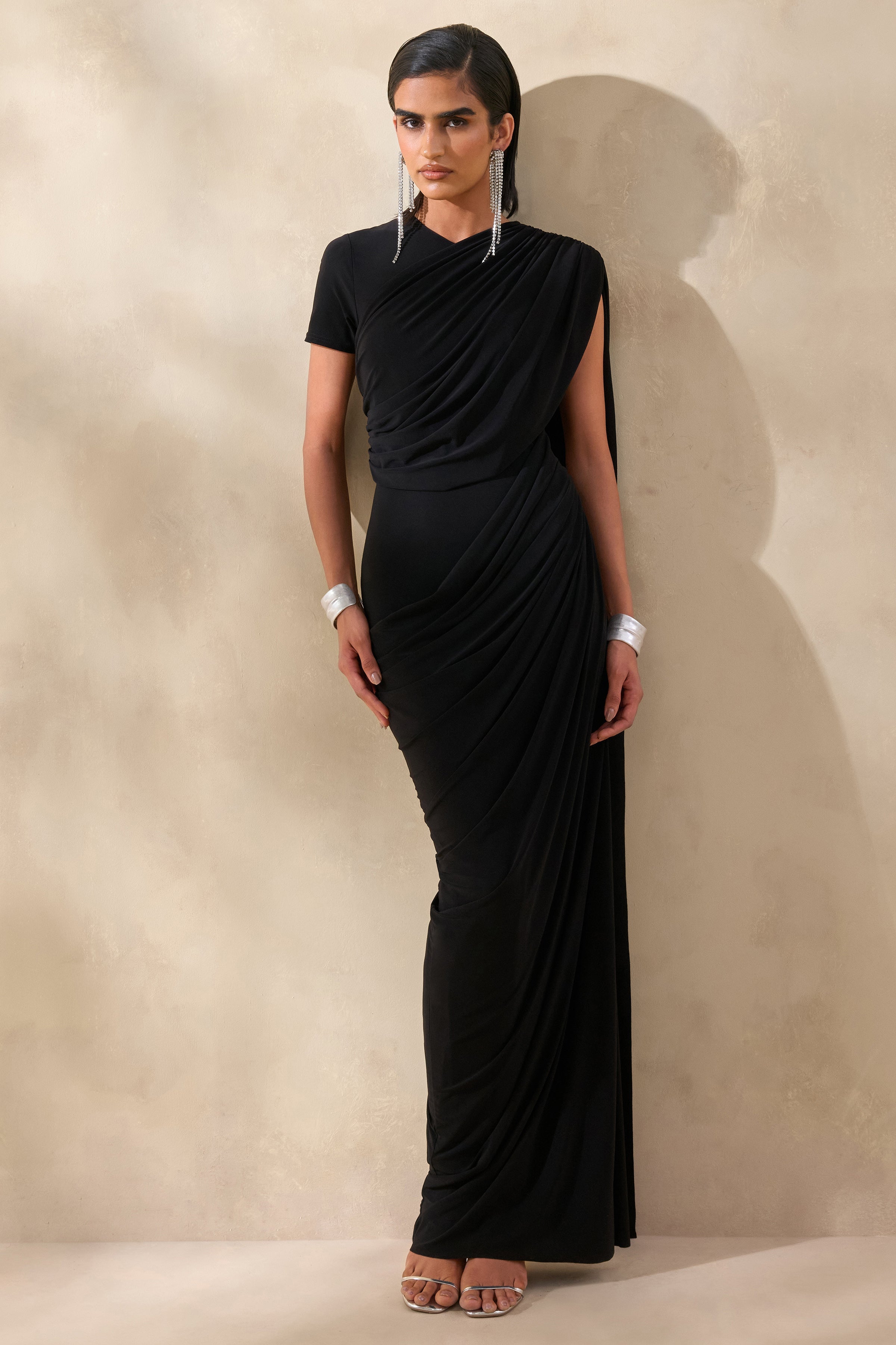 Gisara | Black High-Neck Maxi Dress With Sash And Draped-Detailing