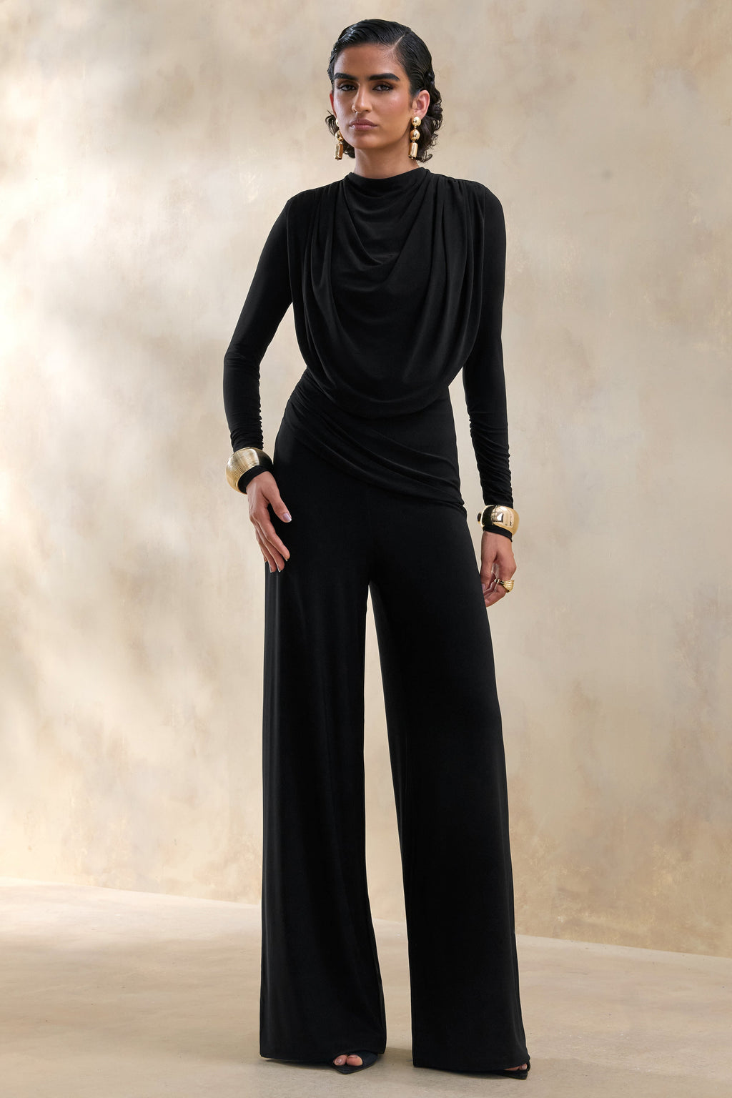 Raniella | Black High-Neck Top With Gathered And Draped-Detailing