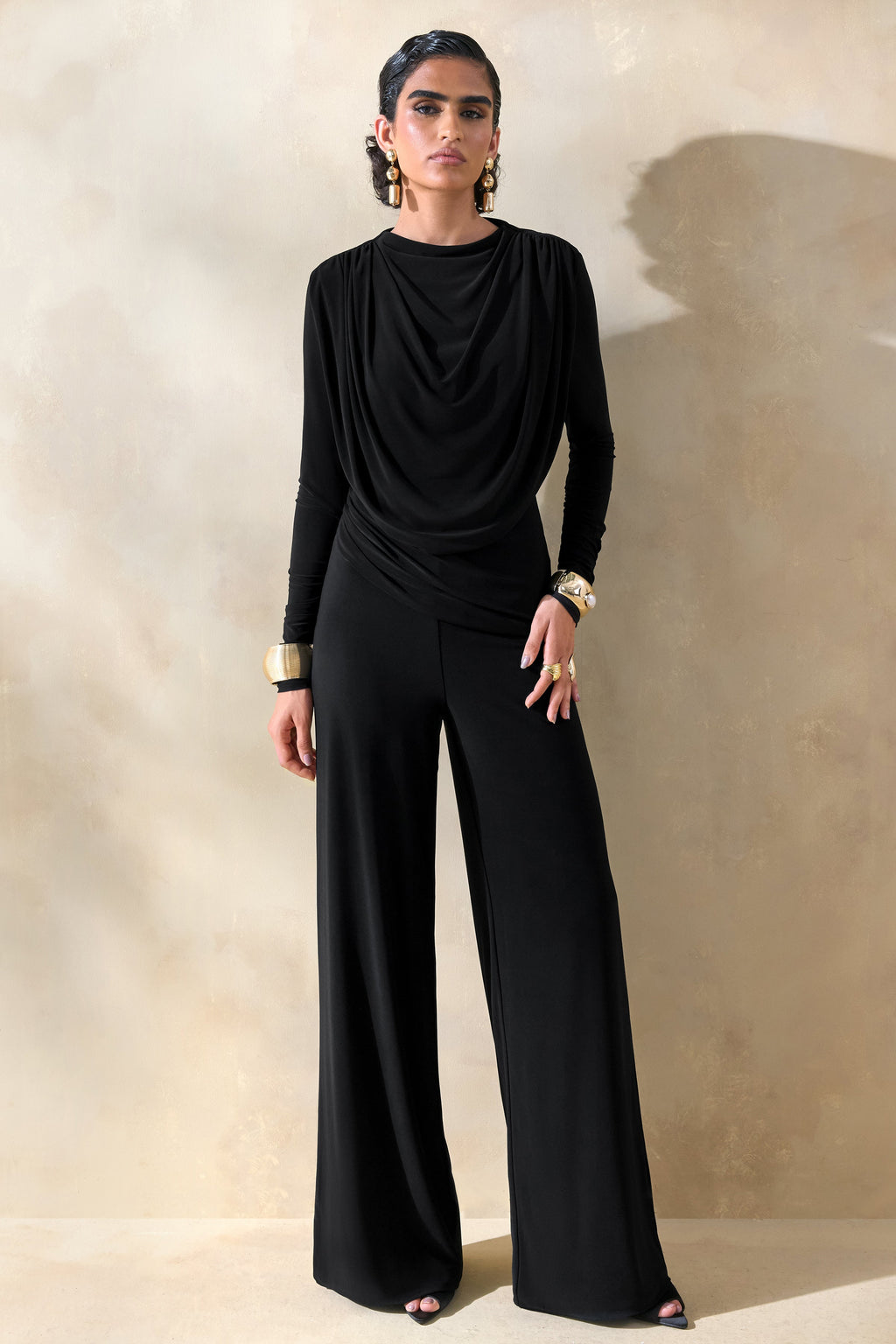 Raniella | Black High-Neck Top With Gathered And Draped-Detailing