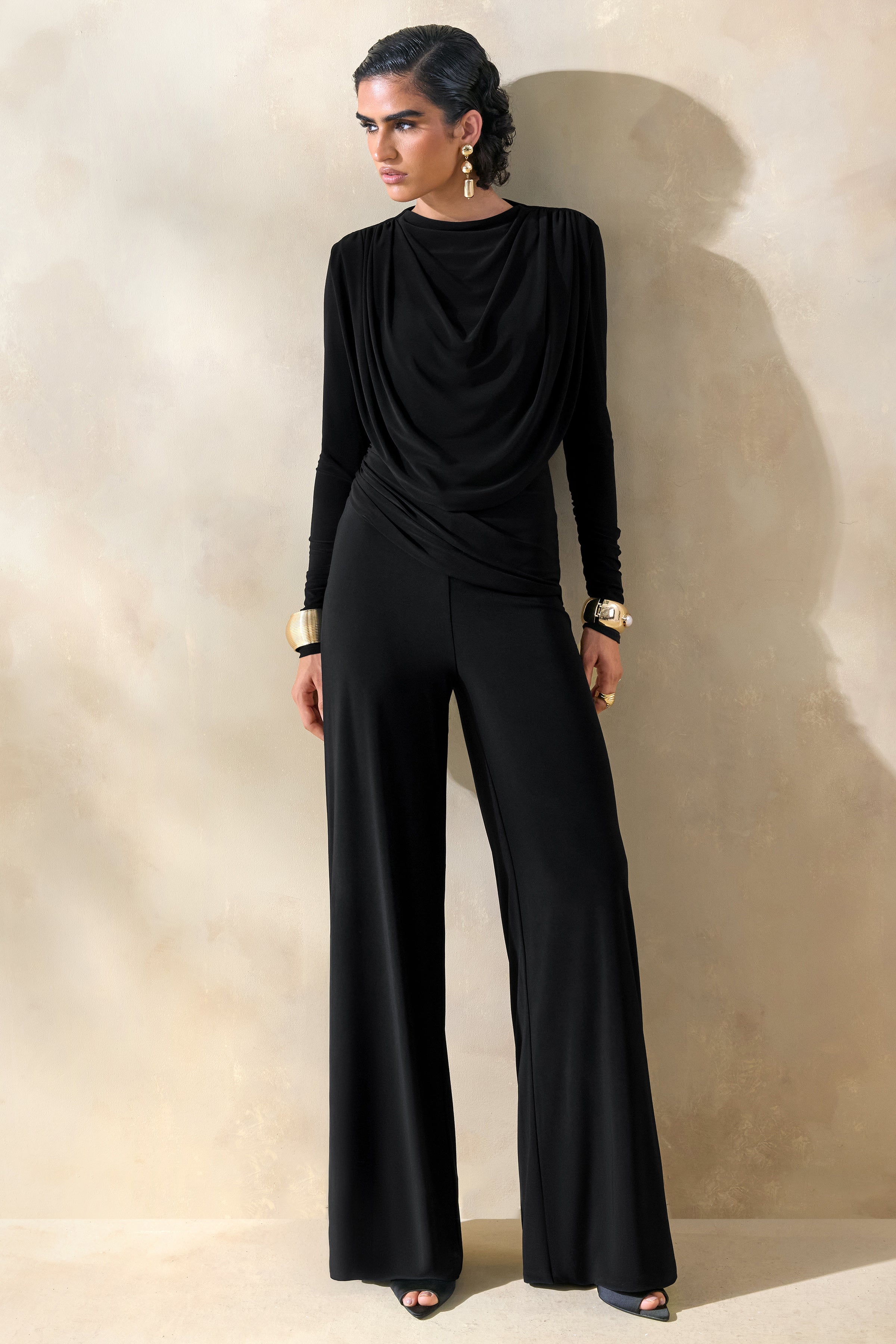 Raniella | Black High-Neck Top With Gathered And Draped-Detailing