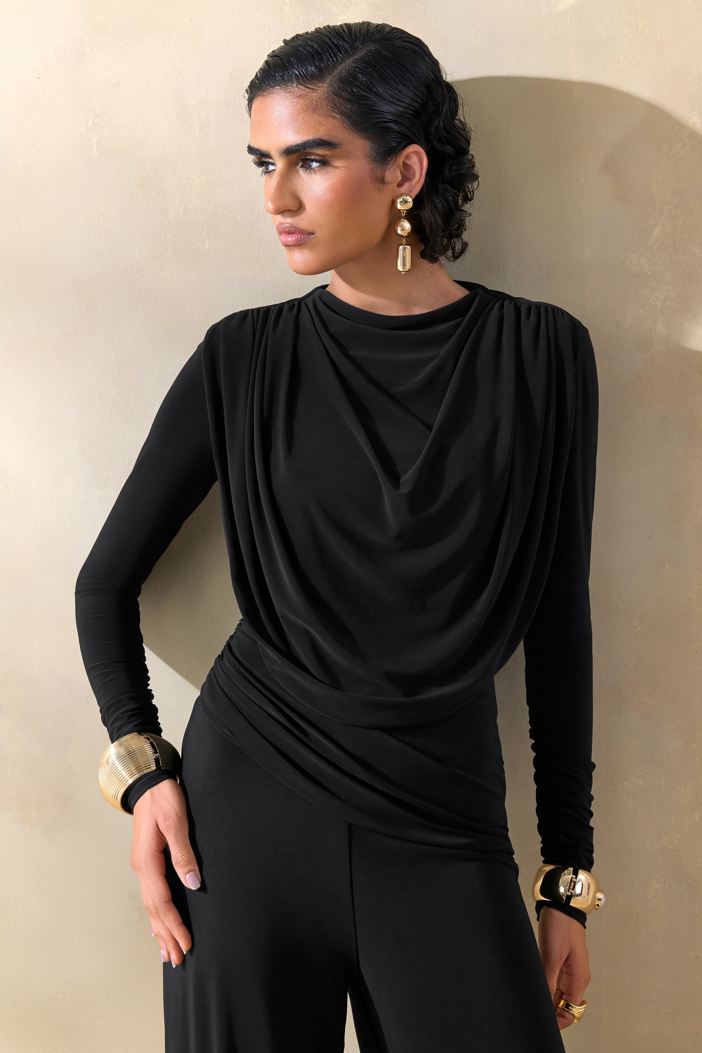 Raniella | Black High-Neck Top With Gathered And Draped-Detailing