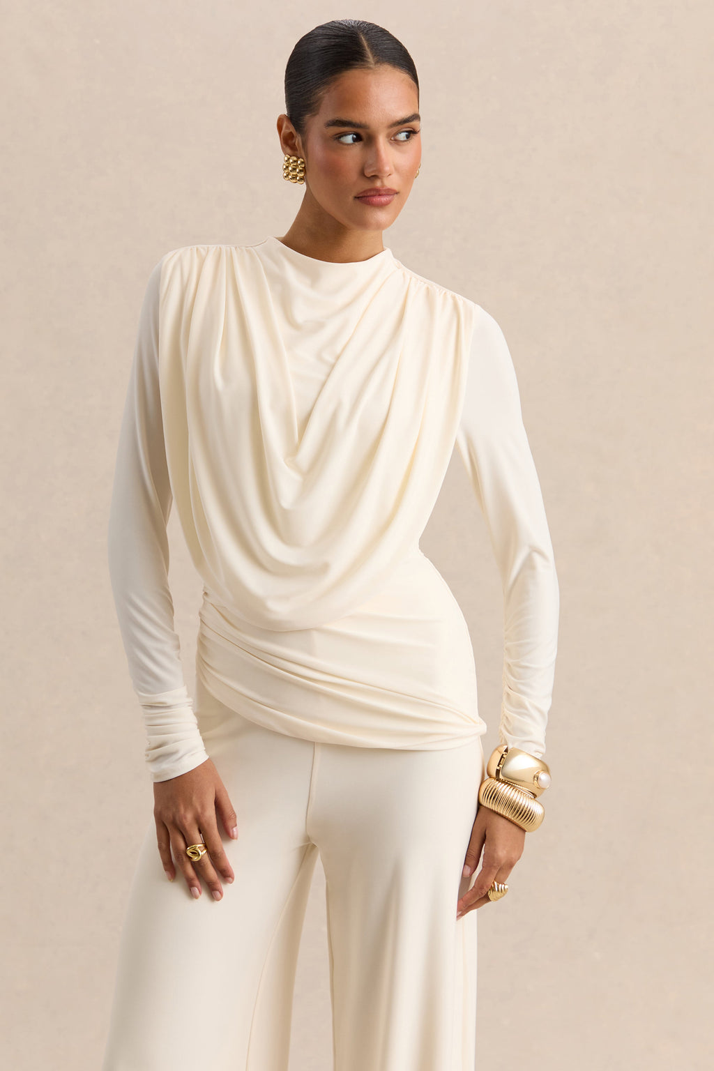 Raniella | White High-Neck Top With Gathered And Draped-Detailing