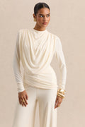 Raniella | White High-Neck Top With Gathered And Draped-Detailing