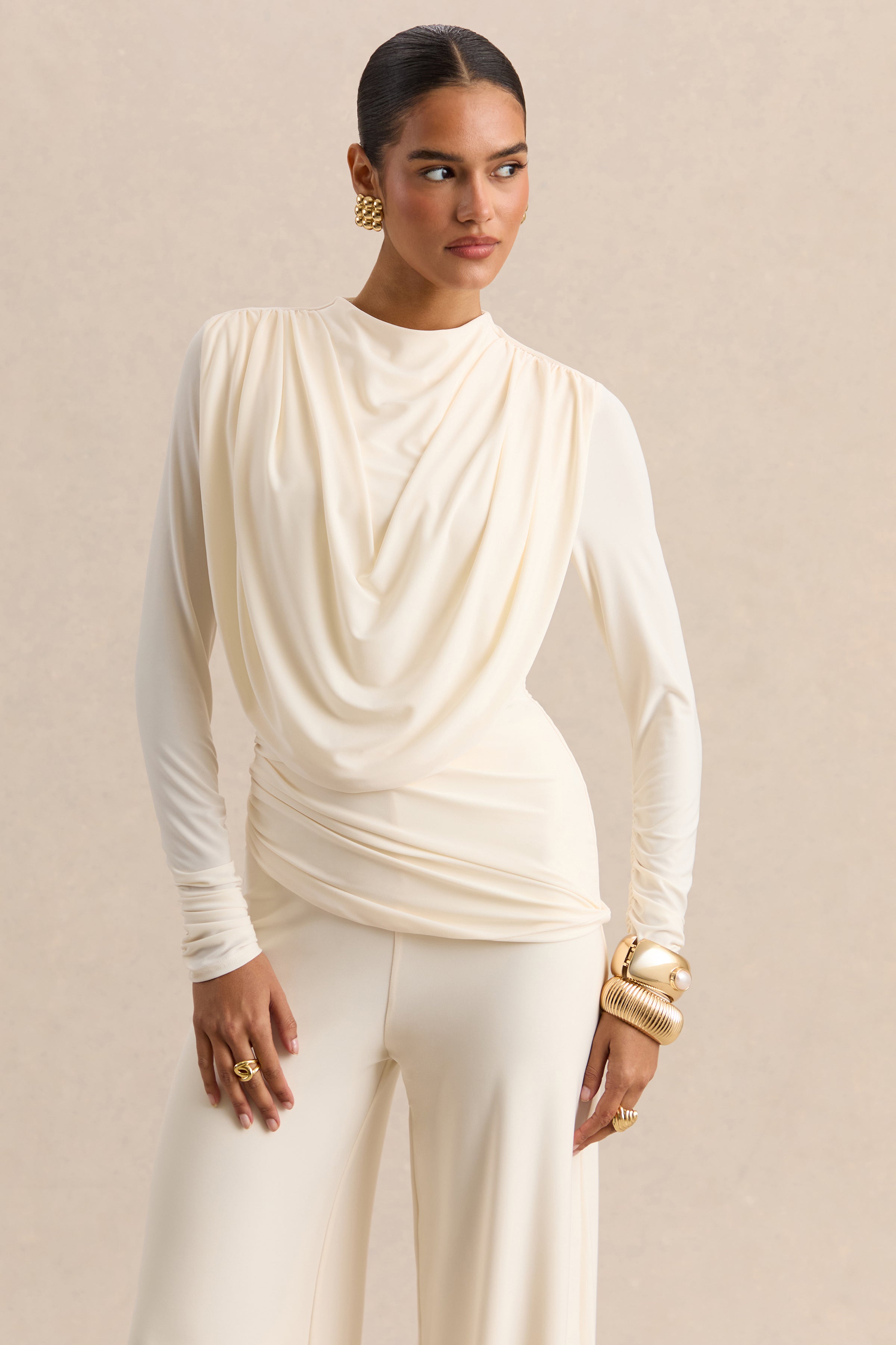 Raniella | White High-Neck Top With Gathered And Draped-Detailing