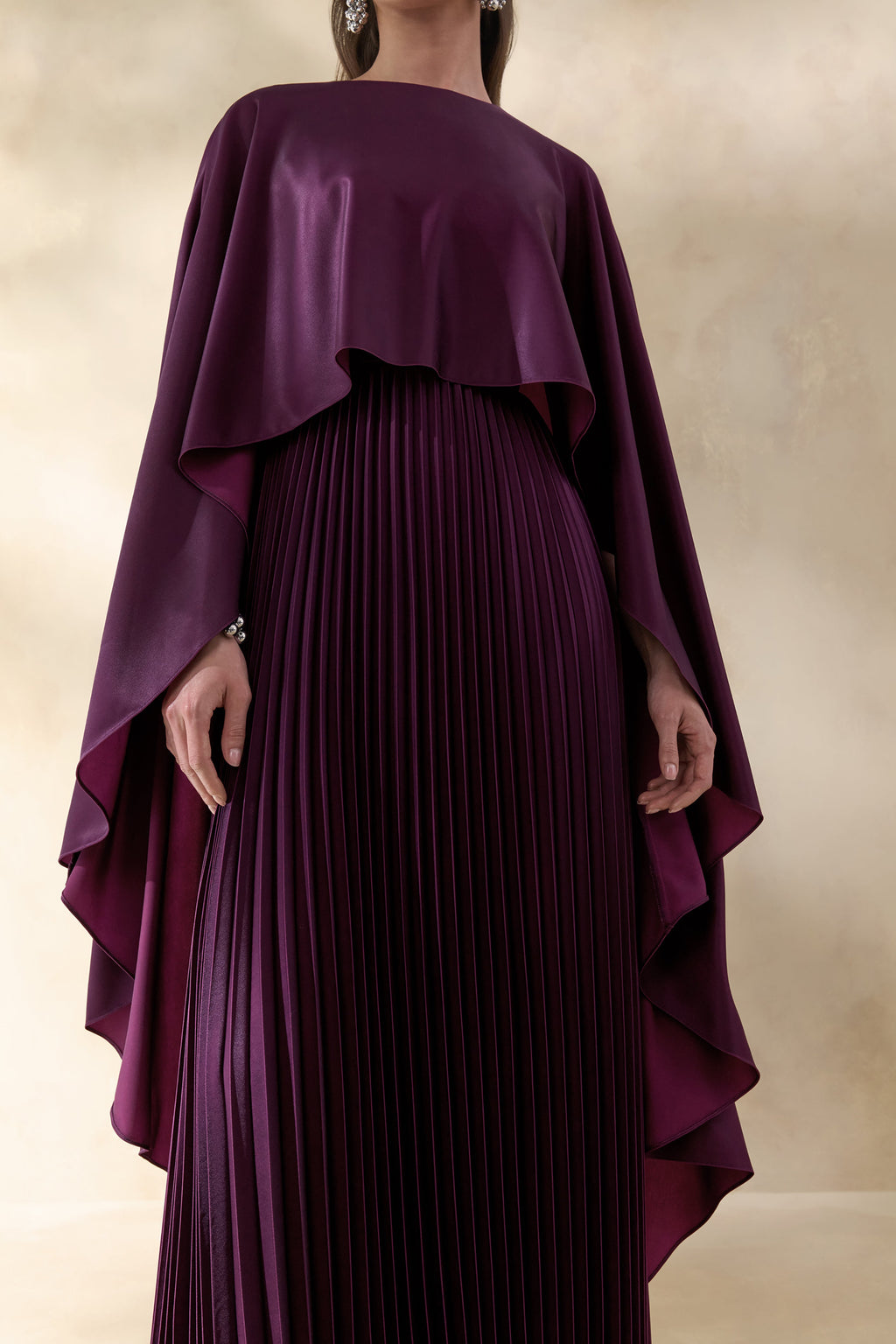 Loradia | Dark Plum Satin Round-Neck Maxi Dress With Cape-Sleeves And Pleated-Skirt