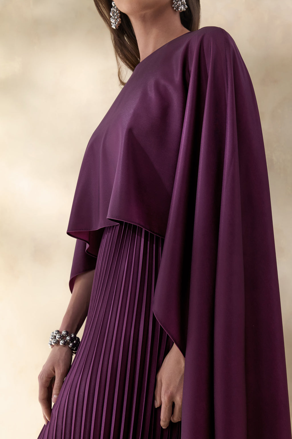 Loradia | Dark Plum Satin Round-Neck Maxi Dress With Cape-Sleeves And Pleated-Skirt