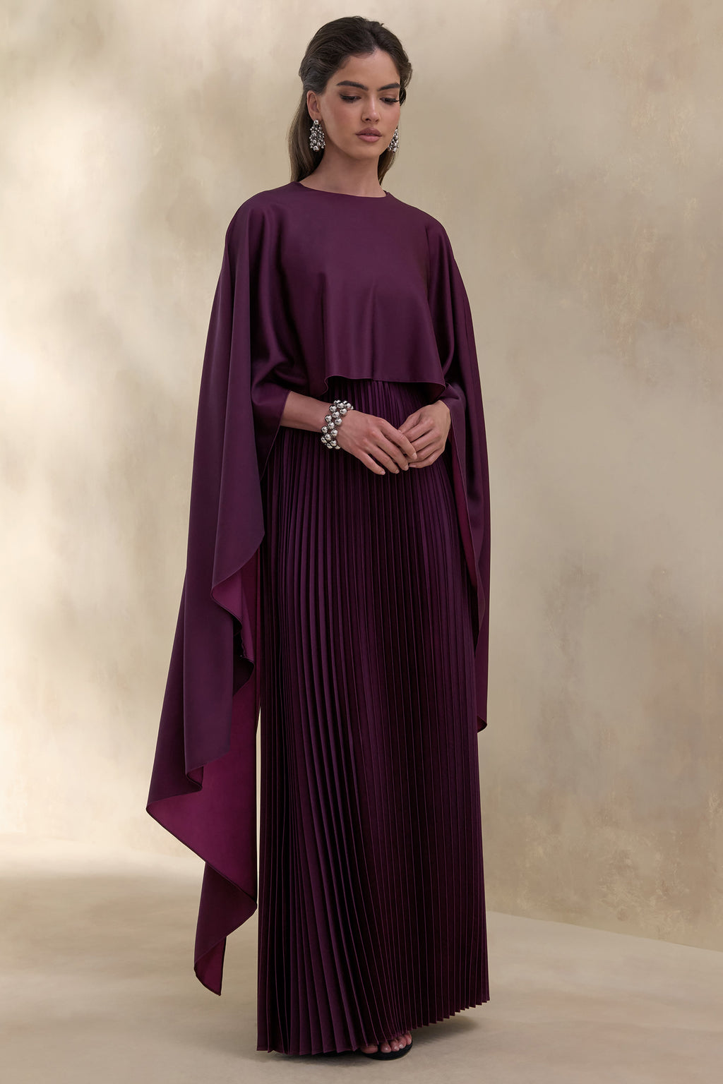 Loradia | Dark Plum Satin Round-Neck Maxi Dress With Cape-Sleeves And Pleated-Skirt