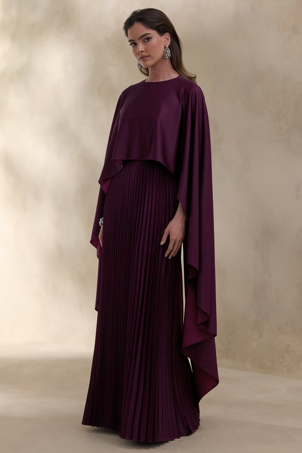 Loradia | Dark Plum Satin Round-Neck Maxi Dress With Cape-Sleeves And Pleated-Skirt