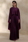 Loradia | Dark Plum Satin Round-Neck Maxi Dress With Cape-Sleeves And Pleated-Skirt