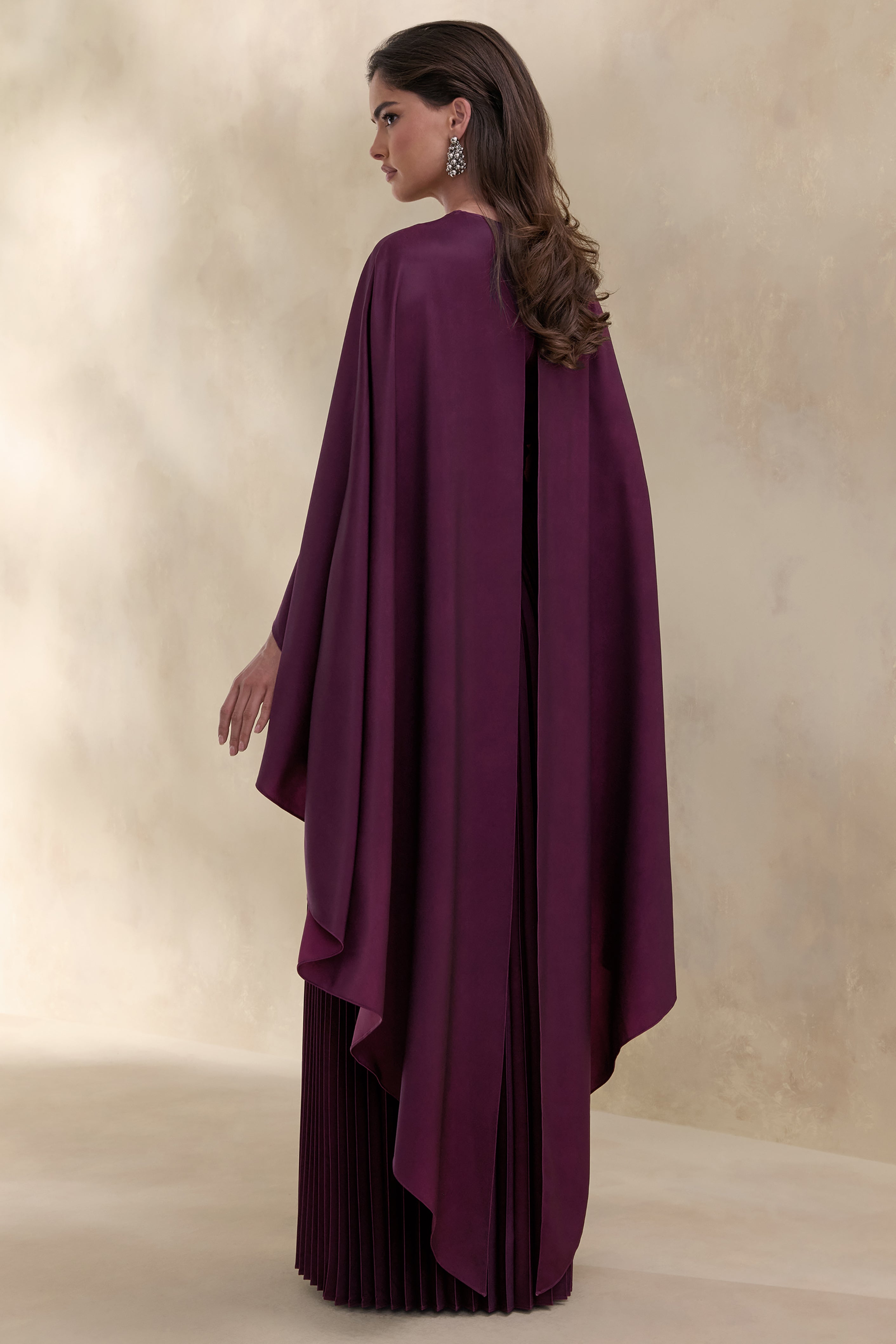 Loradia | Dark Plum Satin Round-Neck Maxi Dress With Cape-Sleeves And Pleated-Skirt