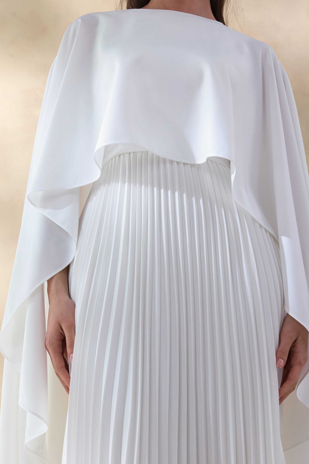Loradia | Cream Satin Round-Neck Maxi Dress With Cape-Sleeves And Pleated-Skirt