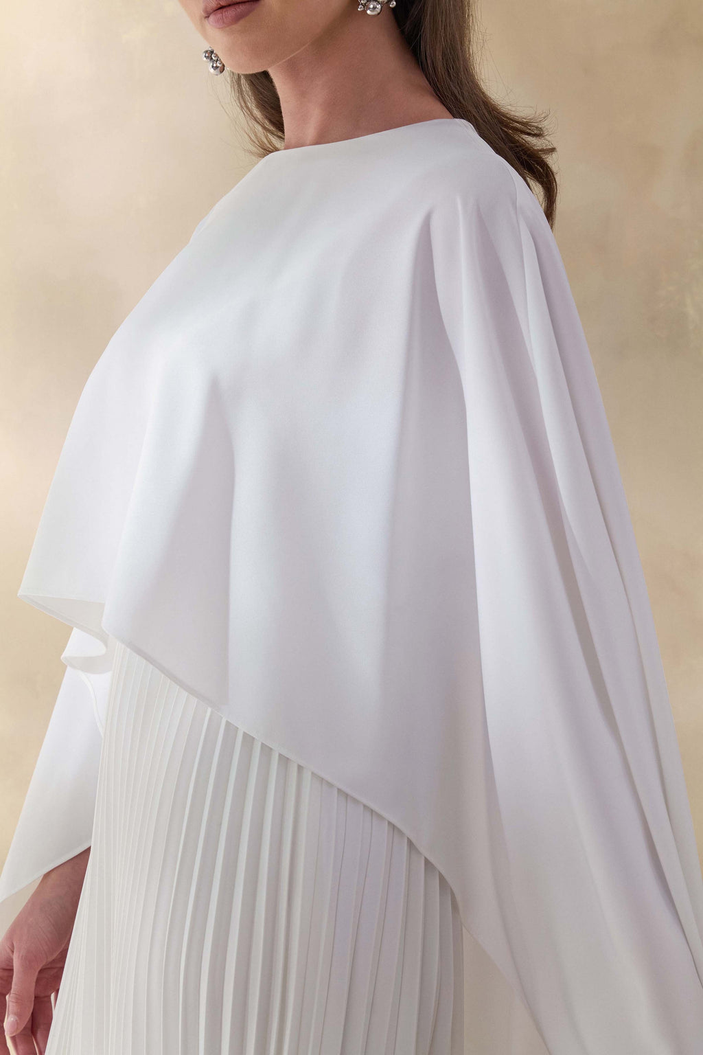 Loradia | Cream Satin Round-Neck Maxi Dress With Cape-Sleeves And Pleated-Skirt