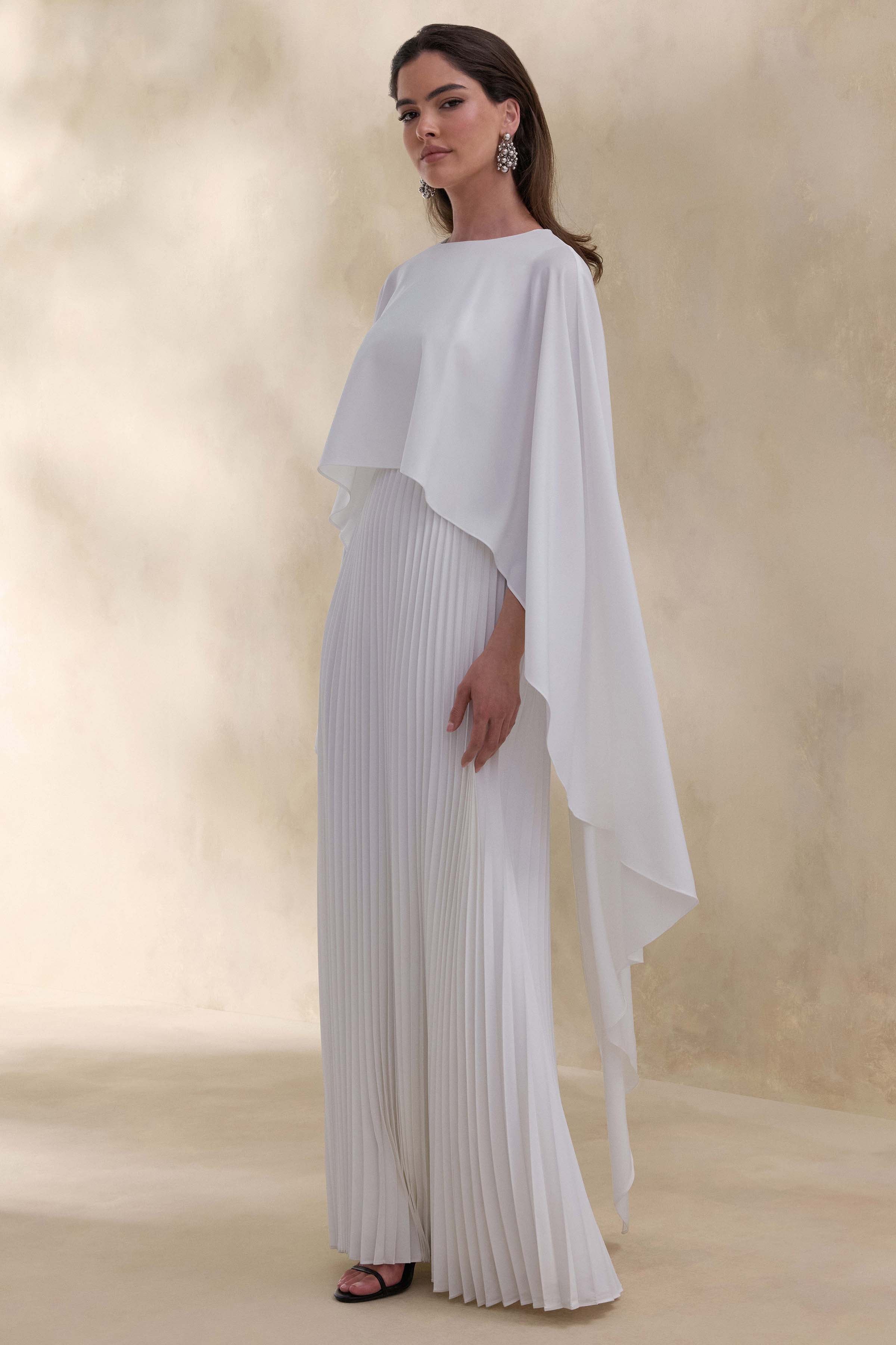 Loradia | Cream Satin Round-Neck Maxi Dress With Cape-Sleeves And Pleated-Skirt