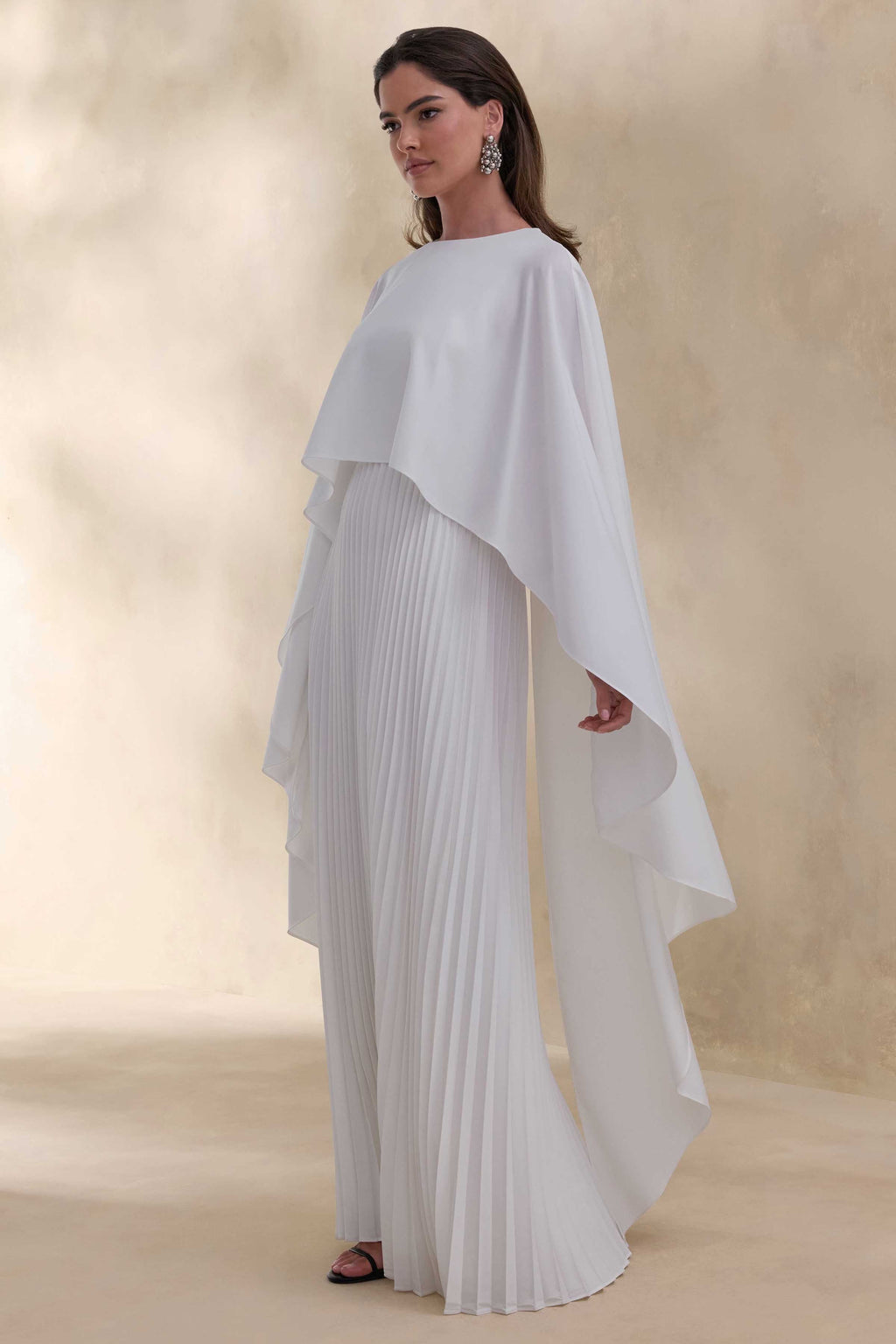 Loradia | Cream Satin Round-Neck Maxi Dress With Cape-Sleeves And Pleated-Skirt