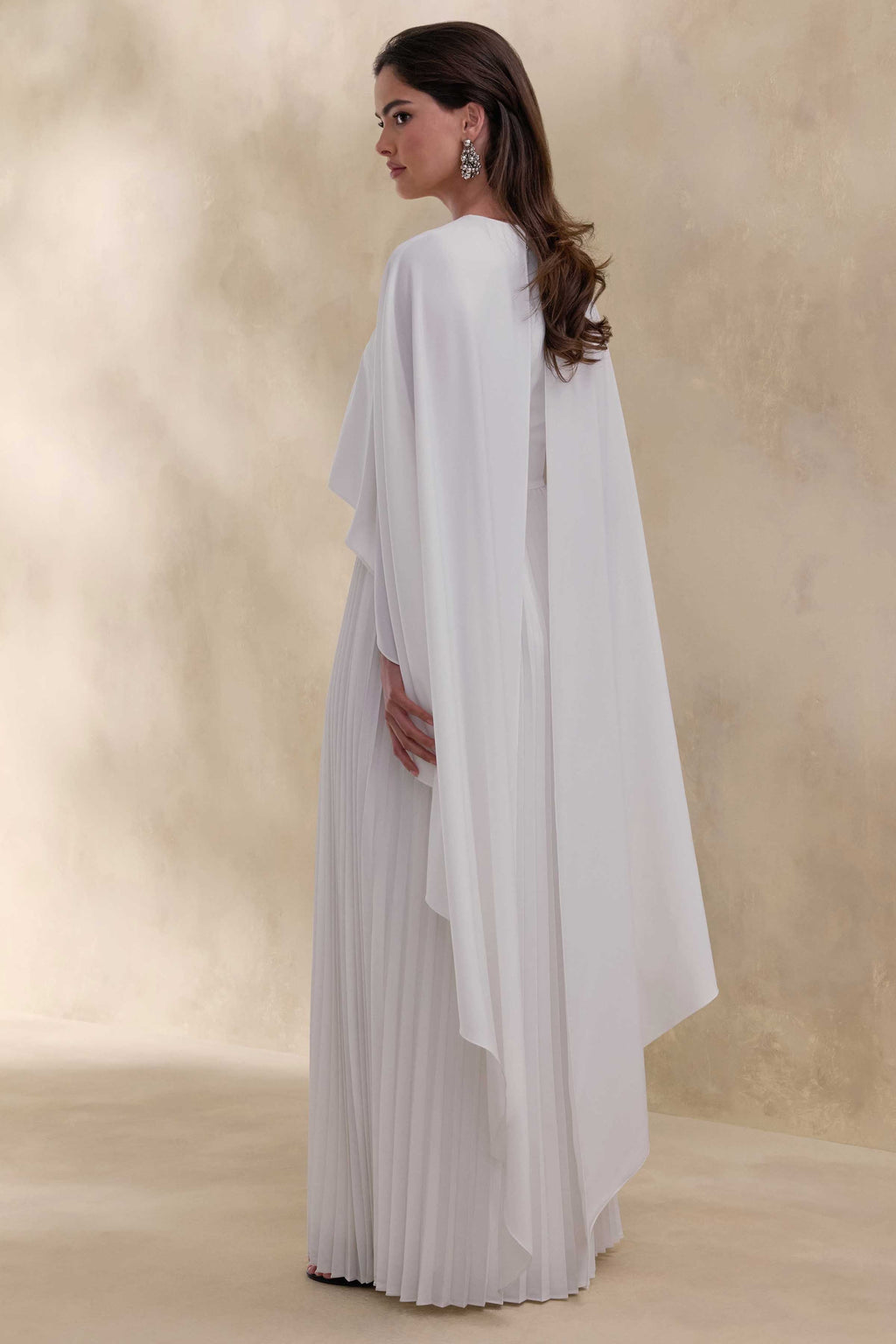 Loradia | Cream Satin Round-Neck Maxi Dress With Cape-Sleeves And Pleated-Skirt