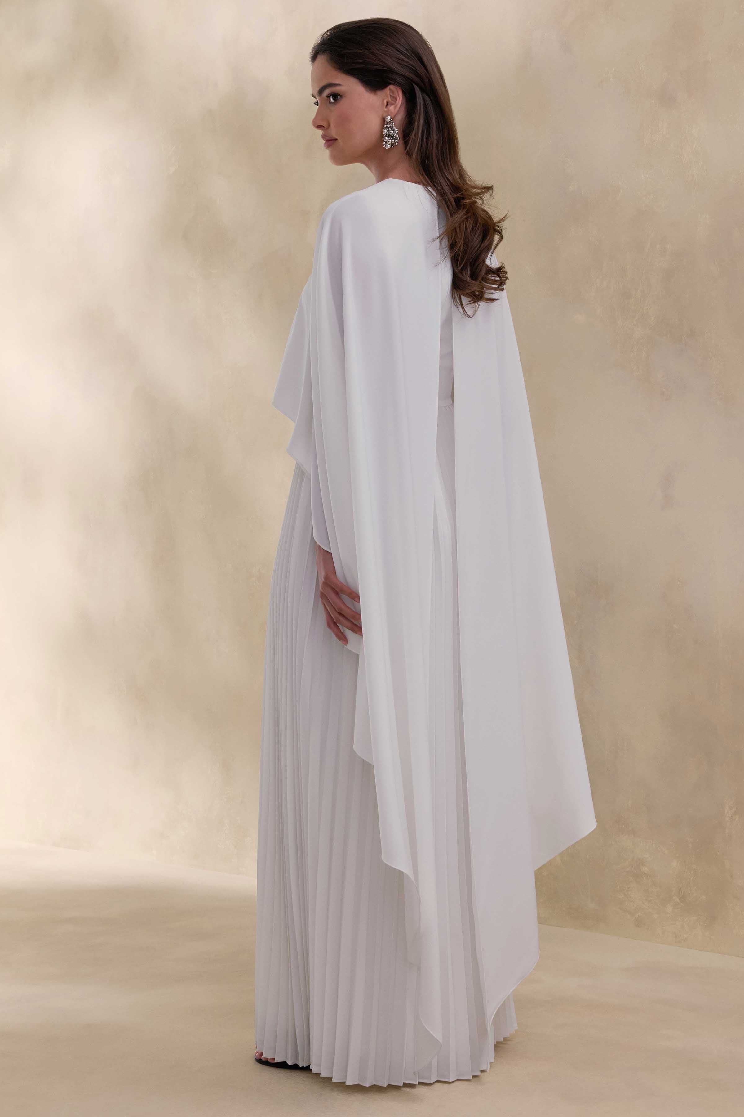 Loradia | Cream Satin Round-Neck Maxi Dress With Cape-Sleeves And Pleated-Skirt