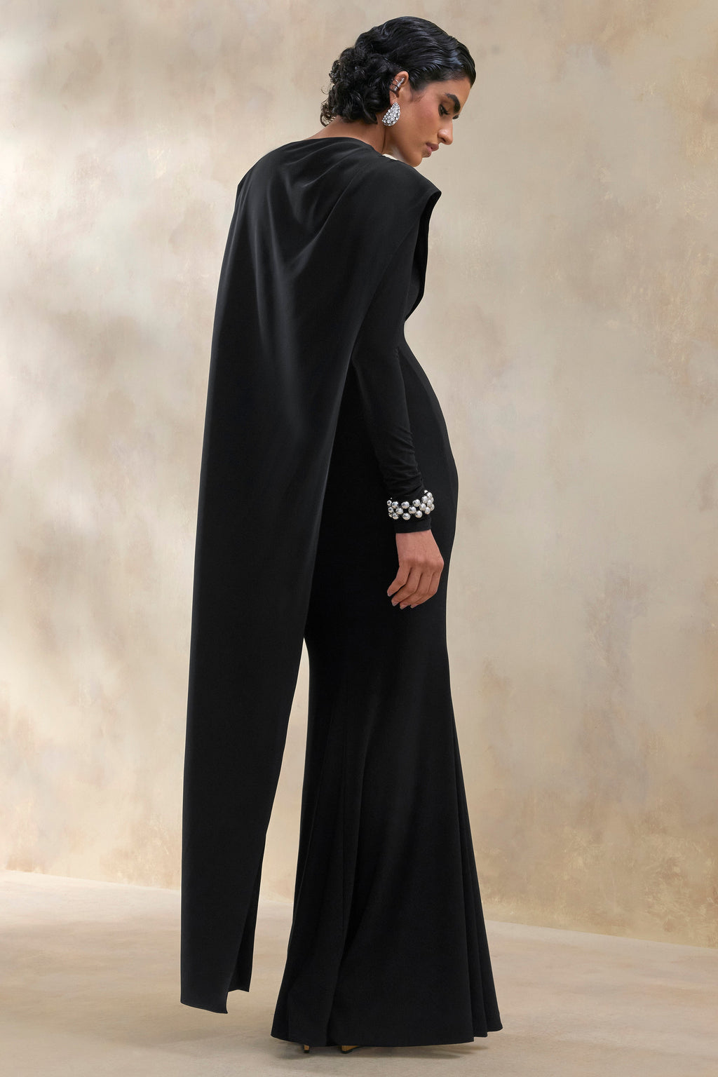 Salenne | Black Wide-Neck Maxi Dress With Satin Asymmetric-Cape