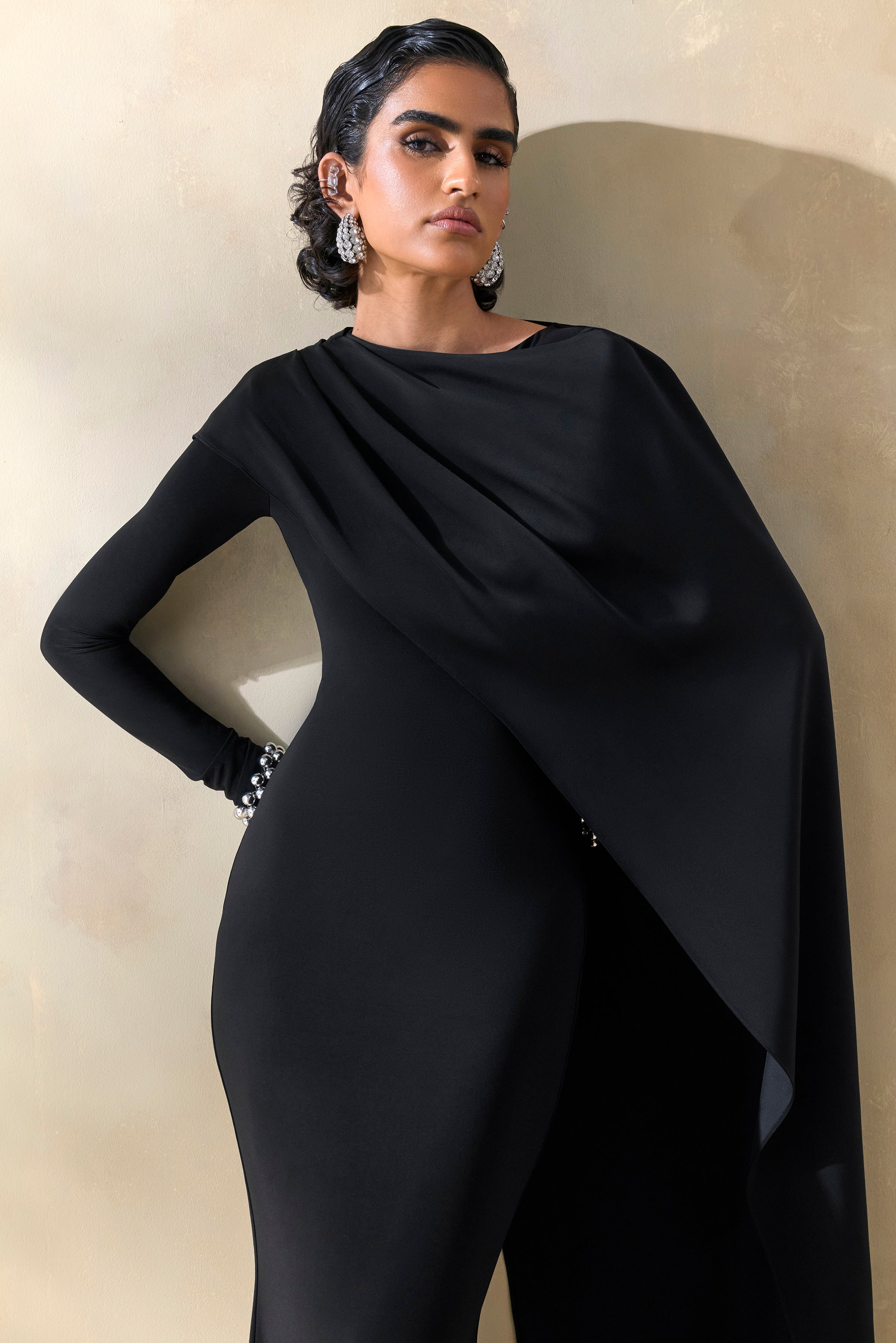 Salenne | Black Wide-Neck Maxi Dress With Satin Asymmetric-Cape