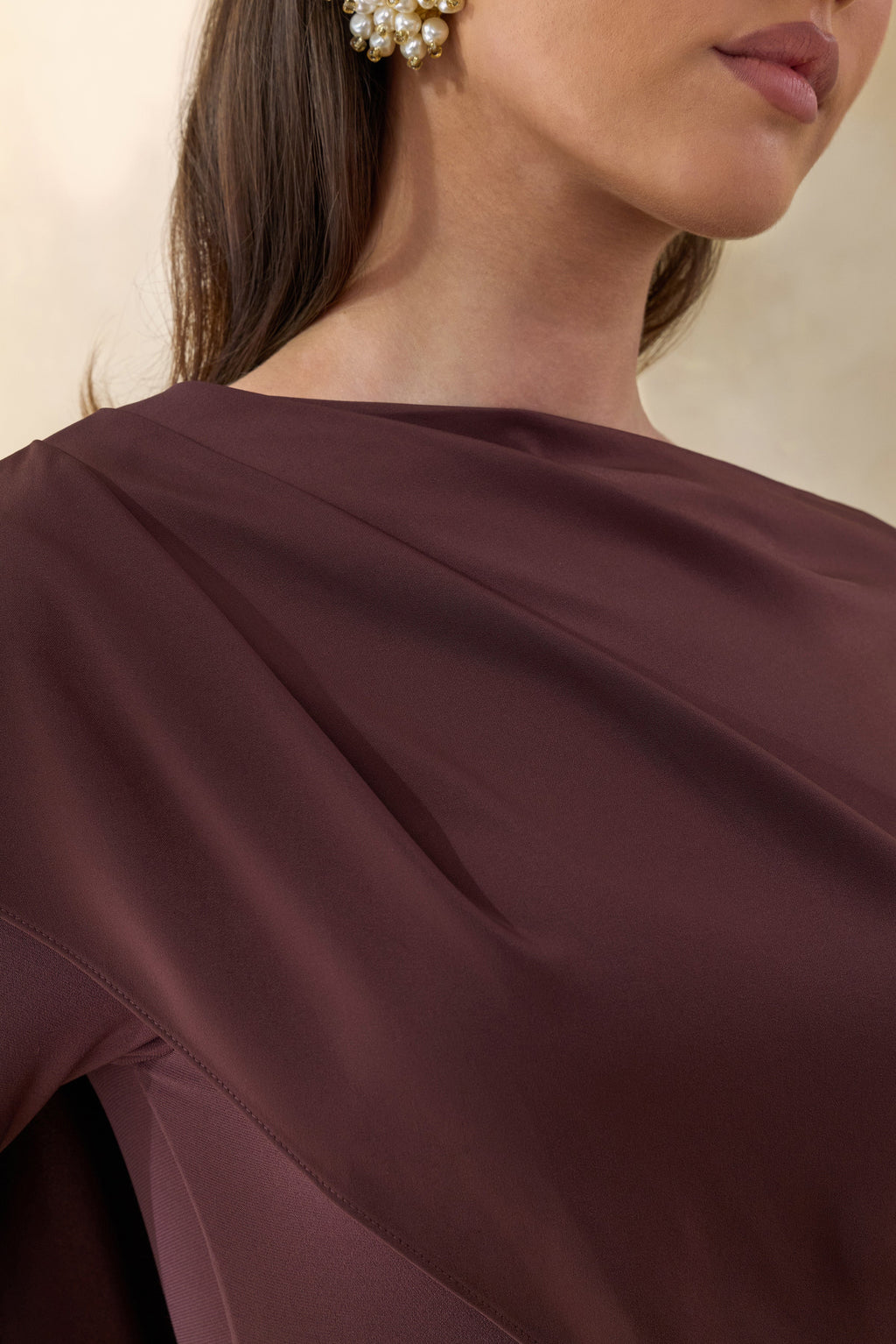 Salenne | Brown Wide-Neck Maxi Dress With Satin Asymmetric-Cape