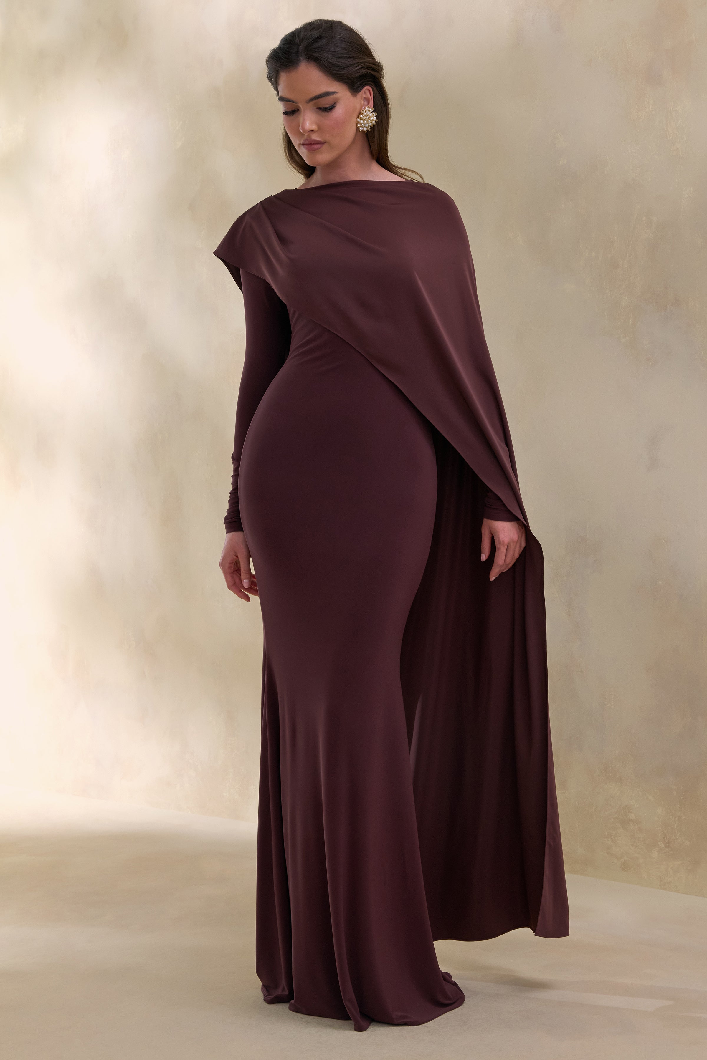 Salenne | Brown Wide-Neck Maxi Dress With Satin Asymmetric-Cape