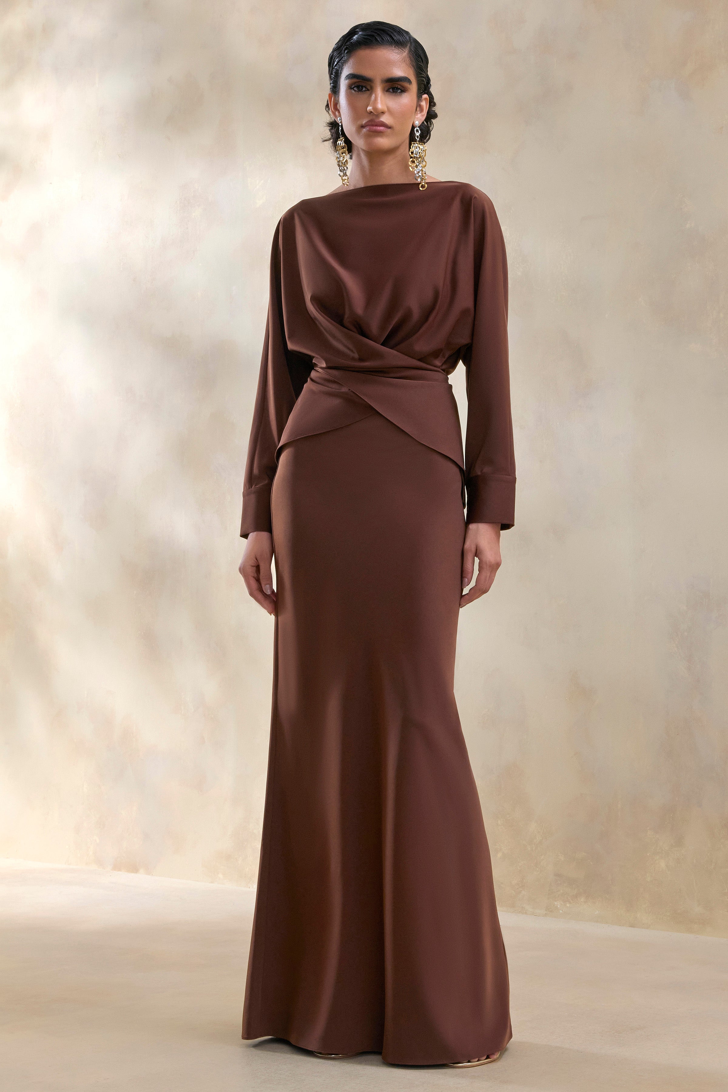 Elaria | Brown Satin Maxi-Skirt