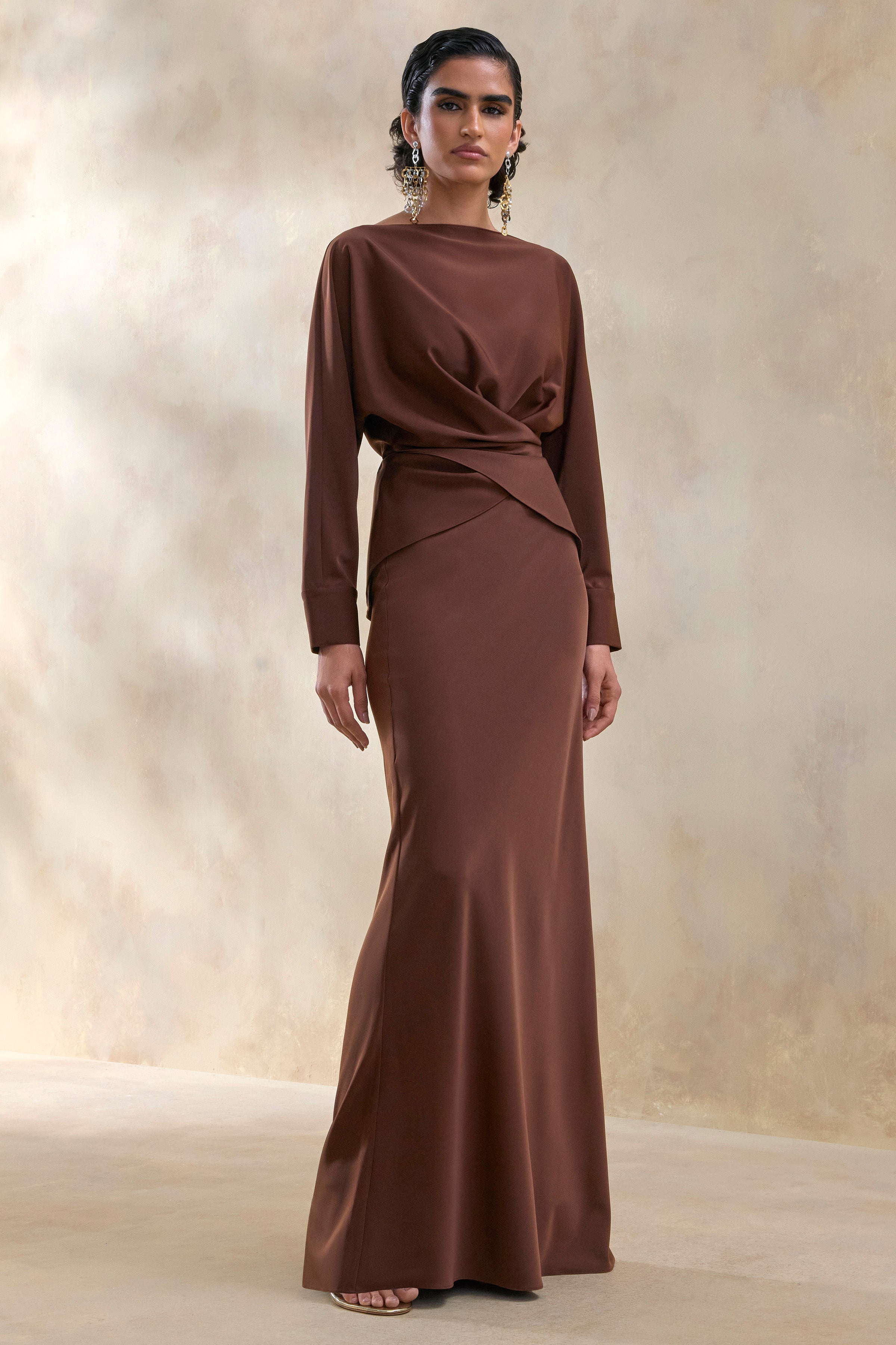 Elaria | Brown Satin Maxi-Skirt