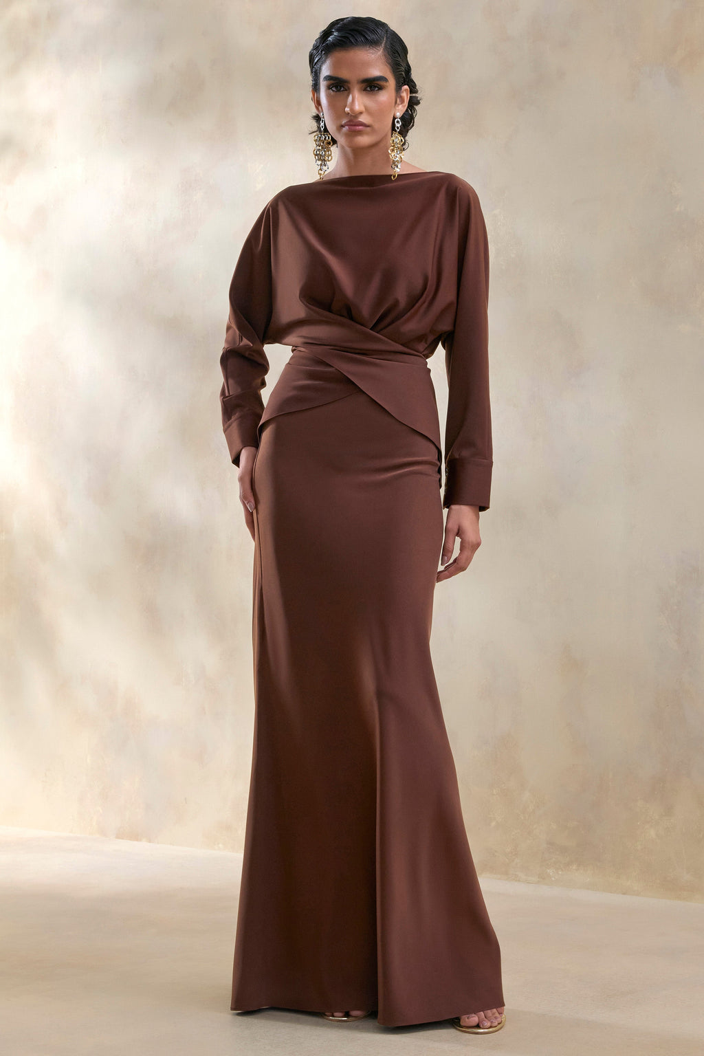 Elaria | Brown Satin Maxi-Skirt