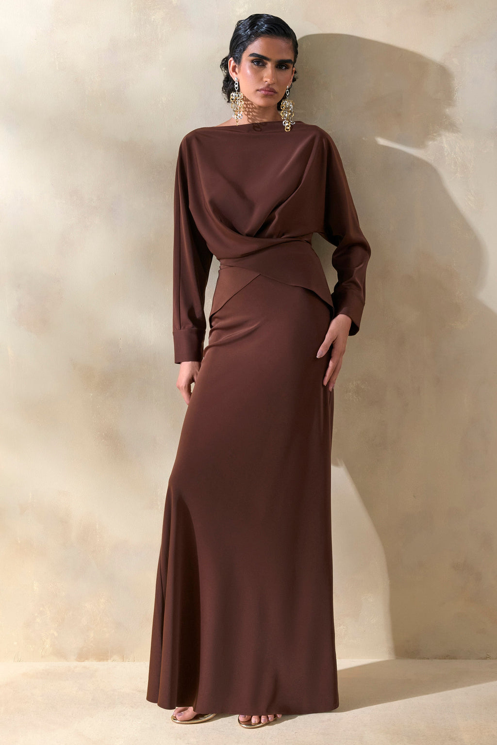 Elaria | Brown Satin Maxi-Skirt