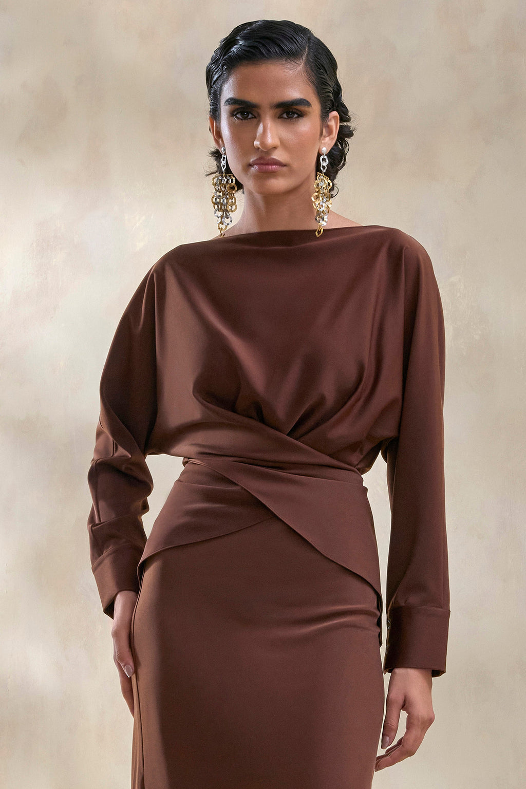 Miravia | Brown Satin Wide-Neck Long-Sleeve Top