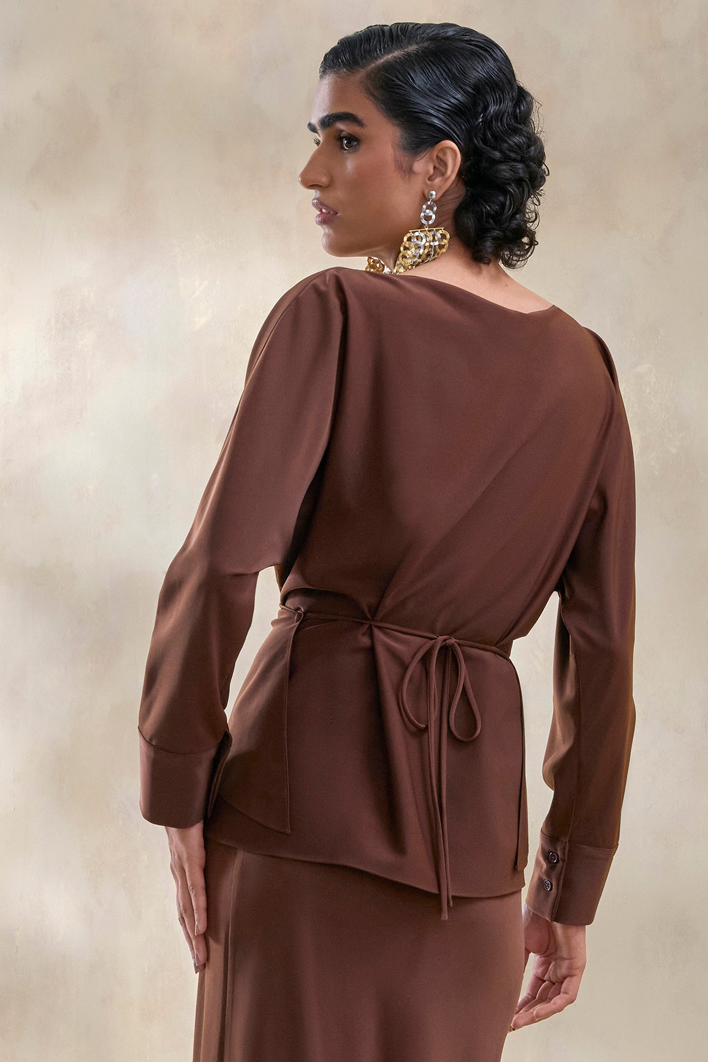 Miravia | Brown Satin Wide-Neck Long-Sleeve Top