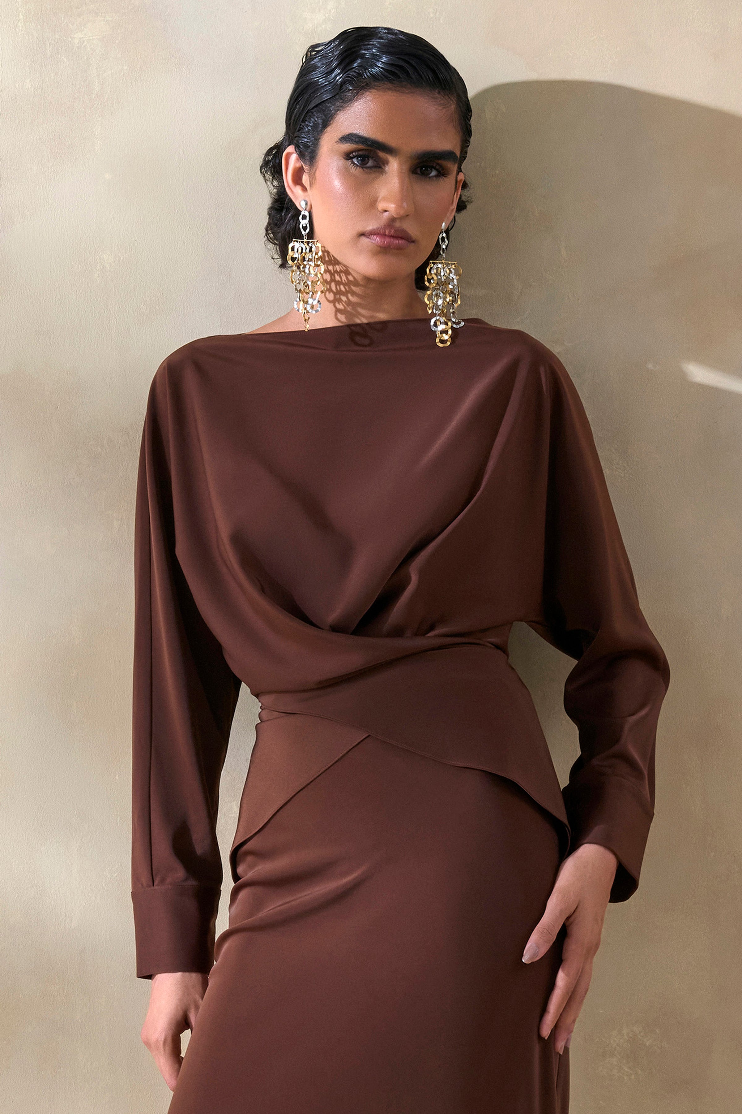 Miravia | Brown Satin Wide-Neck Long-Sleeve Top
