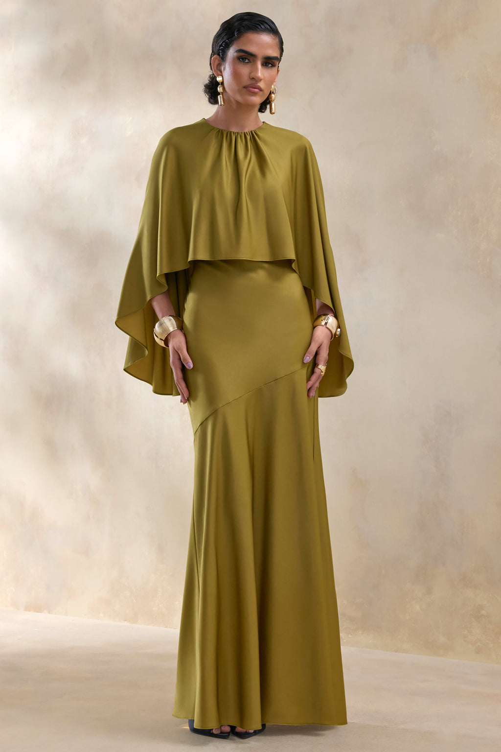 Vanthea | Olive Satin Round-Neck Maxi Dress With Cape-Sleeves