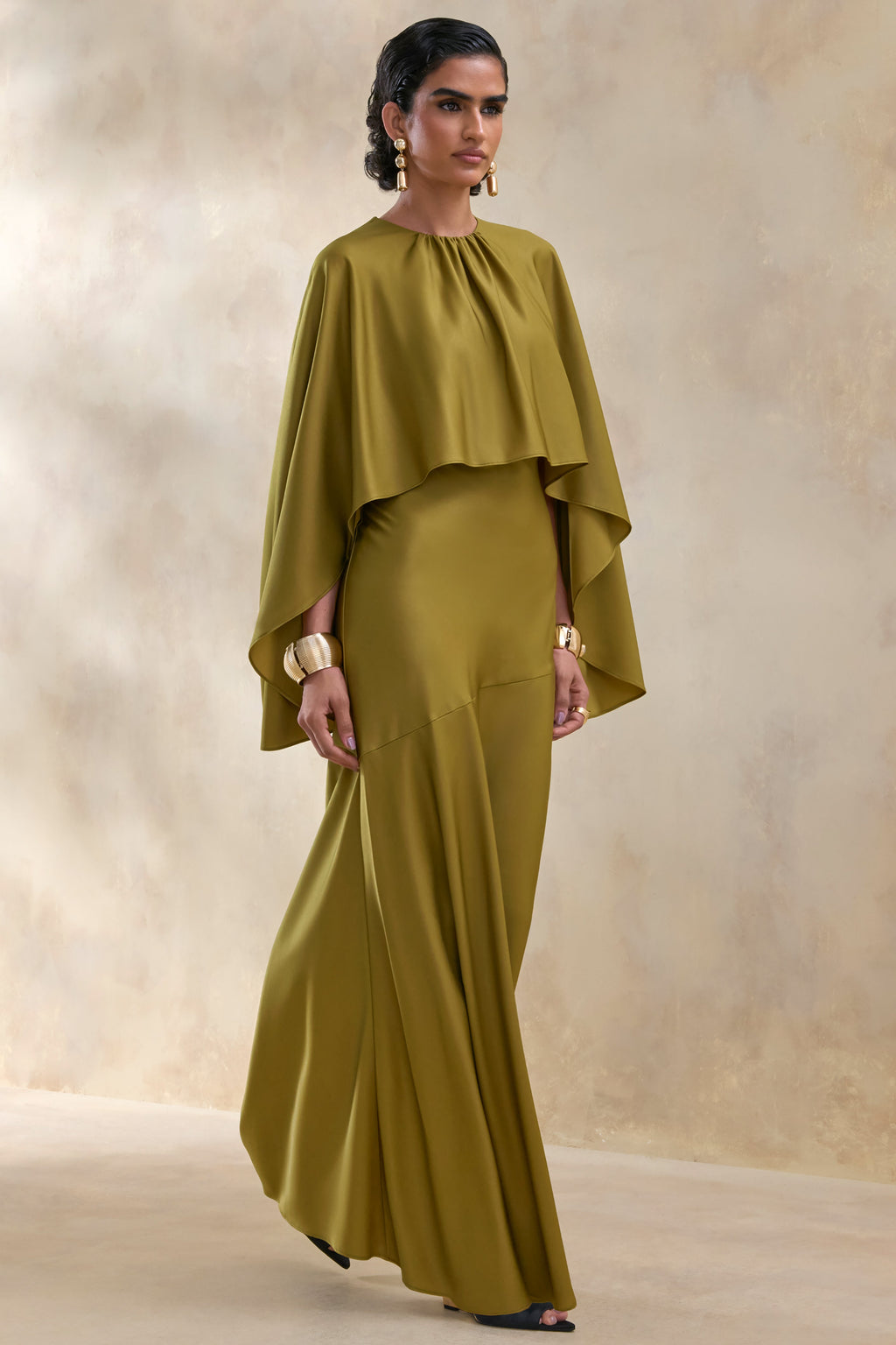 Vanthea | Olive Satin Round-Neck Maxi Dress With Cape-Sleeves