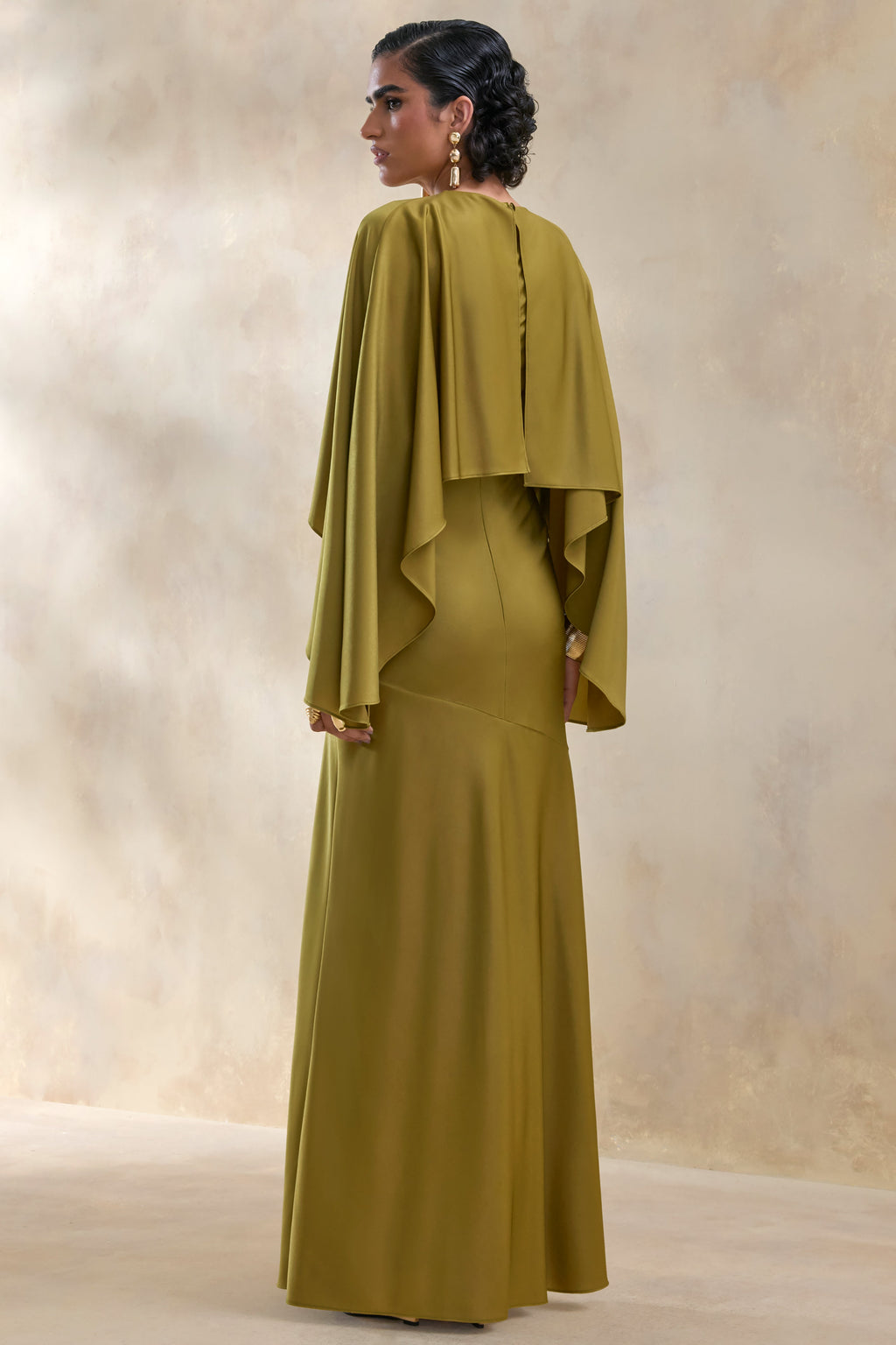 Vanthea | Olive Satin Round-Neck Maxi Dress With Cape-Sleeves