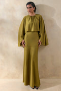 Vanthea | Olive Satin Round-Neck Maxi Dress With Cape-Sleeves