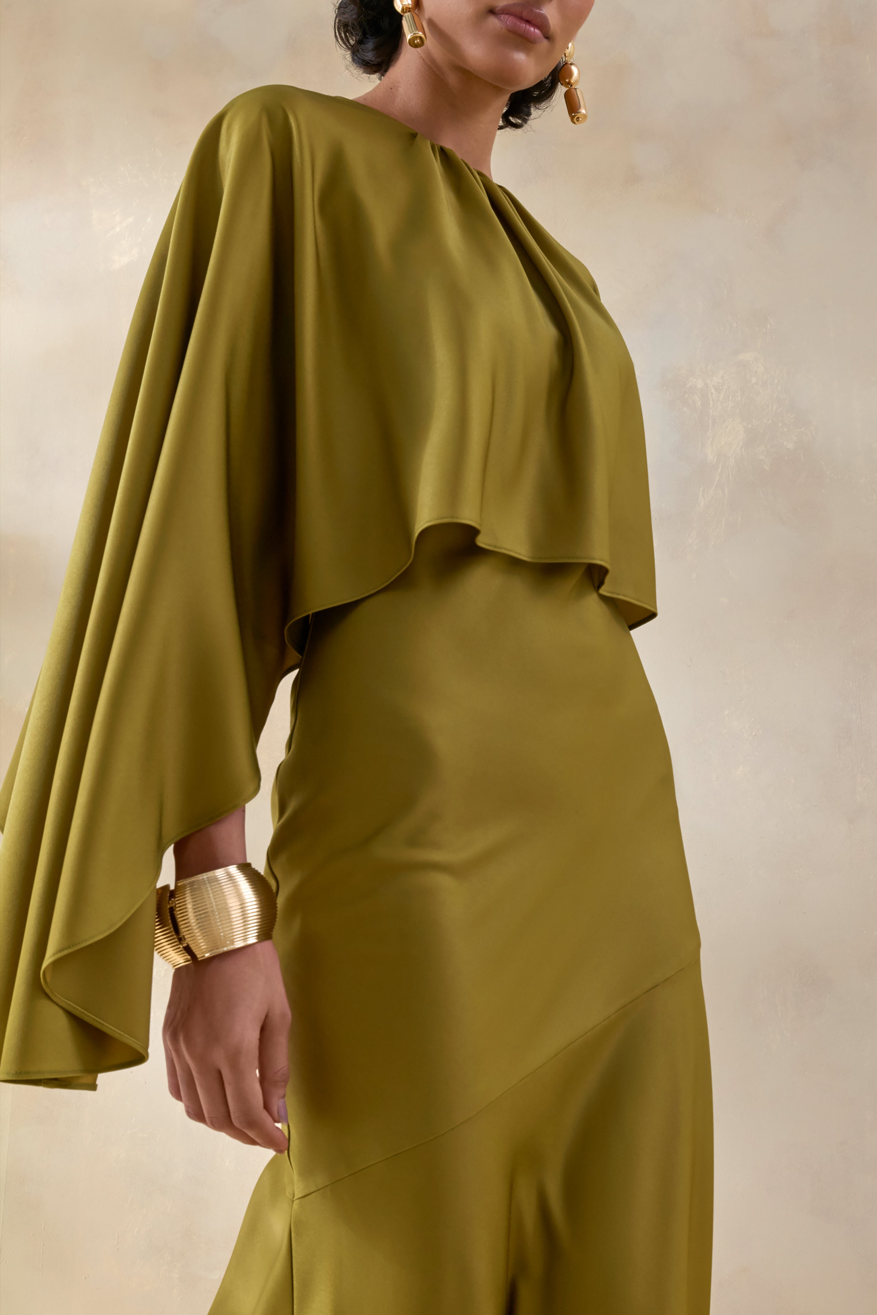 Vanthea | Olive Satin Round-Neck Maxi Dress With Cape-Sleeves