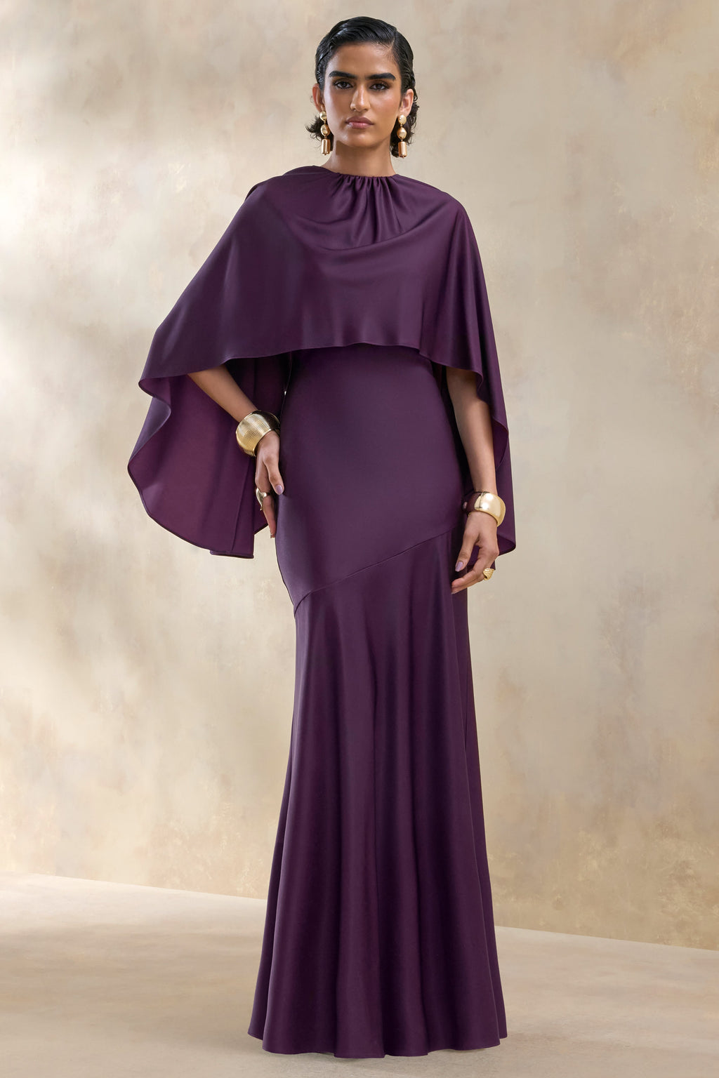 Vanthea | Dark Plum Satin Round-Neck Maxi Dress With Cape-Sleeves