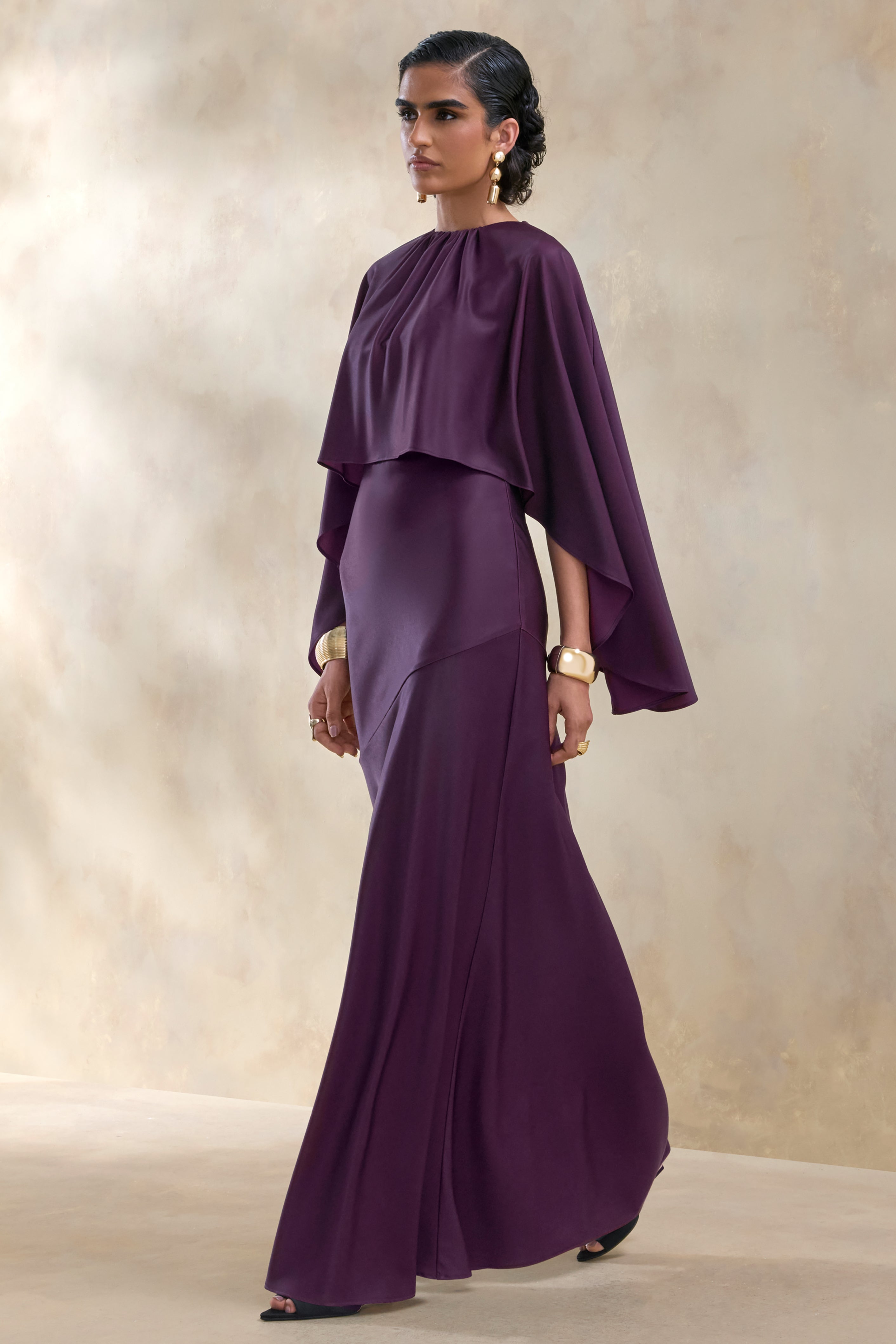 Vanthea | Dark Plum Satin Round-Neck Maxi Dress With Cape-Sleeves