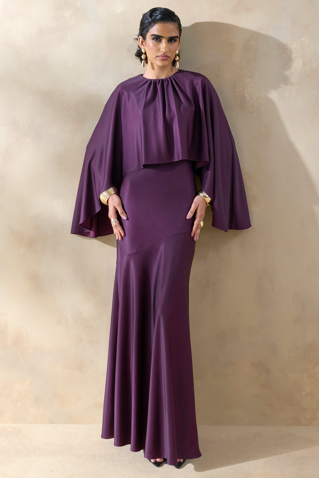 Vanthea | Dark Plum Satin Round-Neck Maxi Dress With Cape-Sleeves